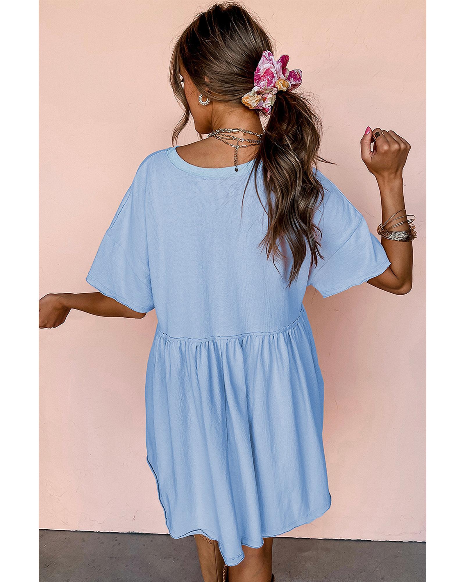 V539-AZEXDC6120695-P304-L-202508300605-00 Sky Blue Solid Color Pocketed Raw Edge Babydoll Dress - L - Image 1