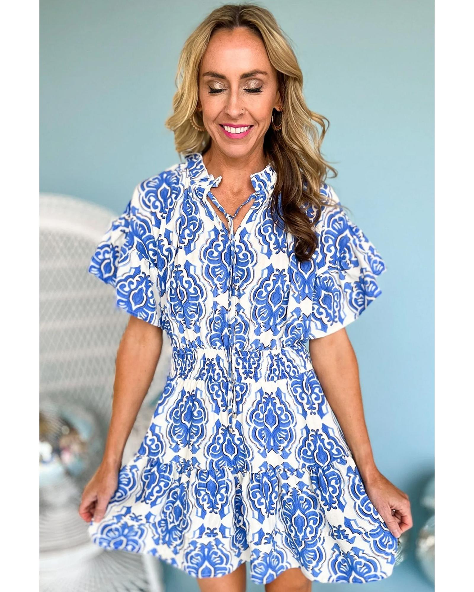 V539-AZEXDC6120776-P604-L-202506141535-00 Ashleigh Blue Vintage Floral Print Wide Ruffled Sleeve Dress - L - Image 1