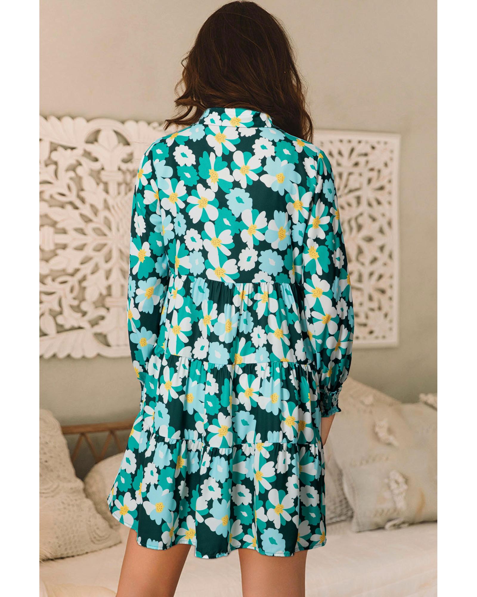 V539-AZEXDC6121260-P309-XL-202508280210-00 Green Floral Tiered Long Puff Sleeve Shirt Dress - XL - Image 1