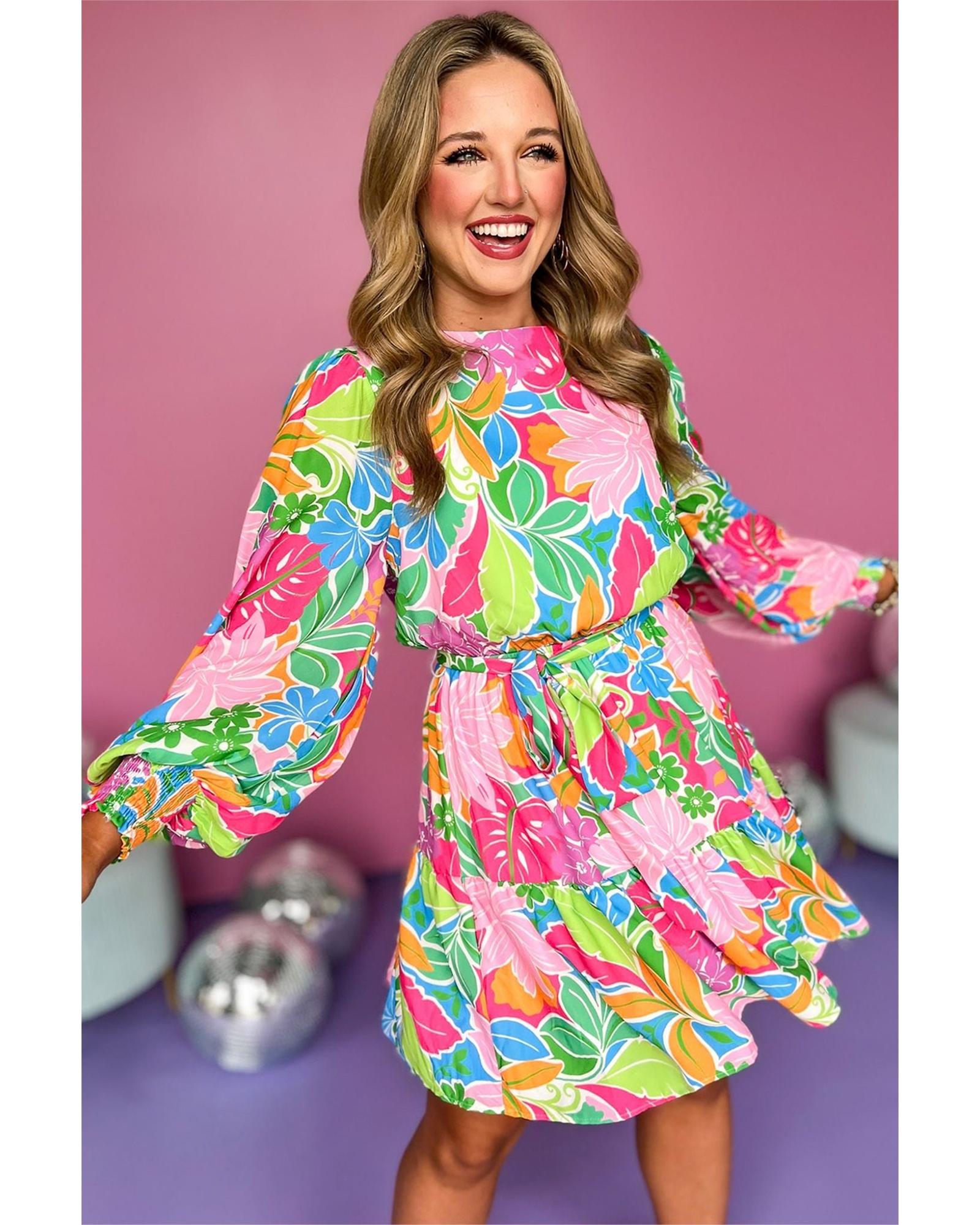 V539-AZEXDC6121331-P920-M-202508281615-00 Green Multicolor Botanical Bubble Sleeve Mini Dress - M - Image 1