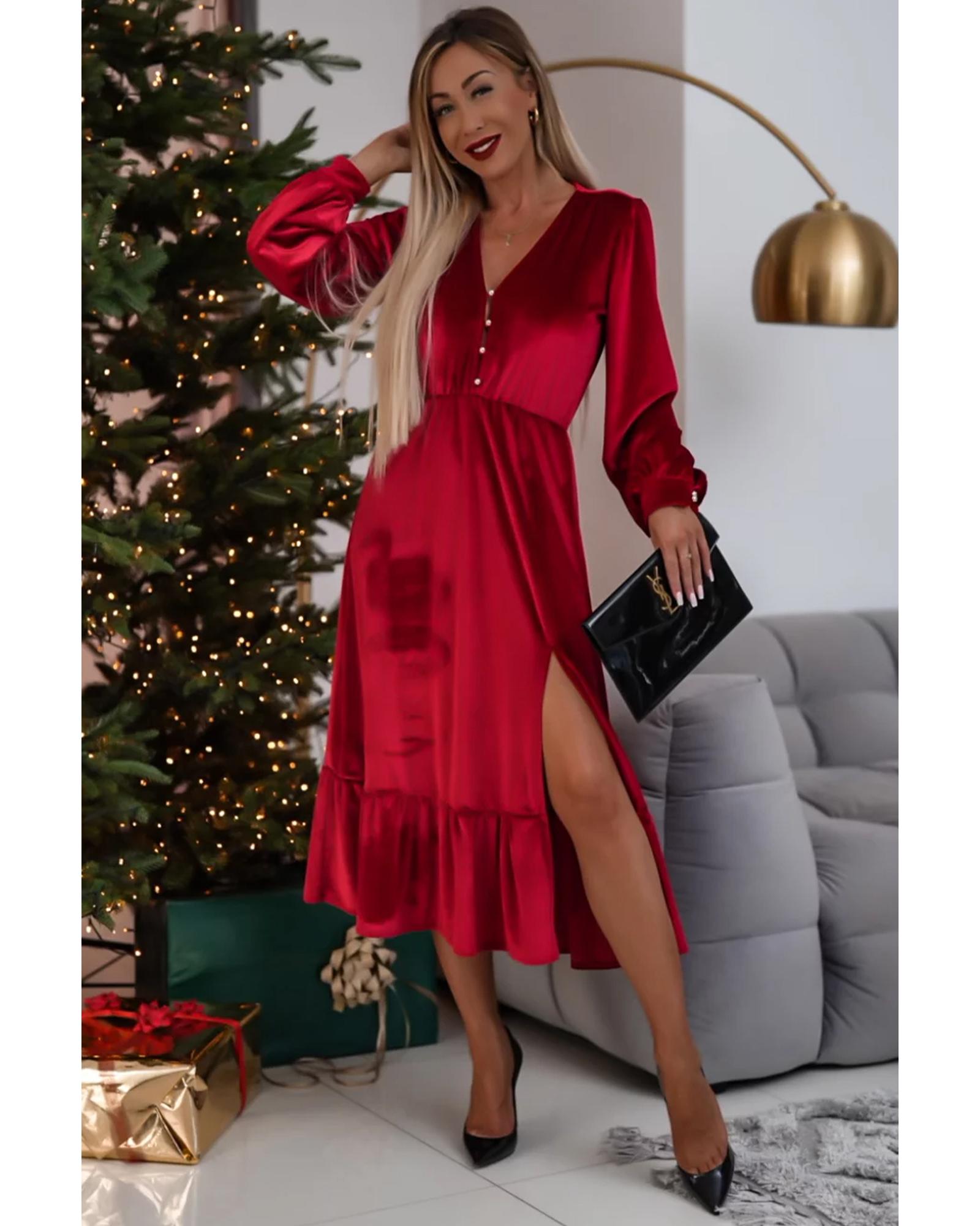 V539-AZEXDC6121352-P603-S-202506141653-00 Racing Red Velvet Buttoned Puff Sleeve V Neck Split Midi Dress - S - Image 1