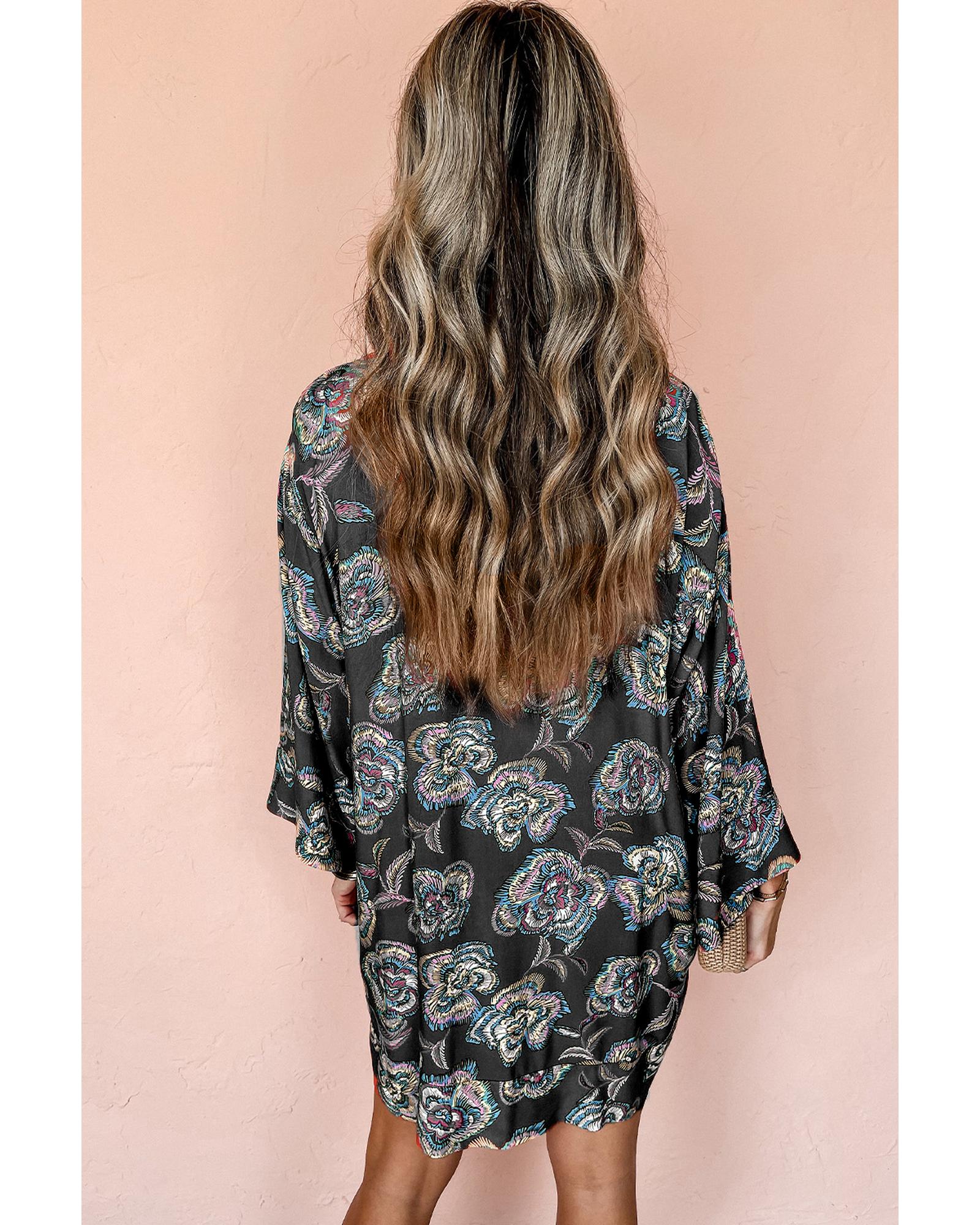 V539-AZEXDC6121374-P220-M-202508291405-00 Black Floral Print Lapel Collar Loose Shirt Mini Dress - M - Image 1