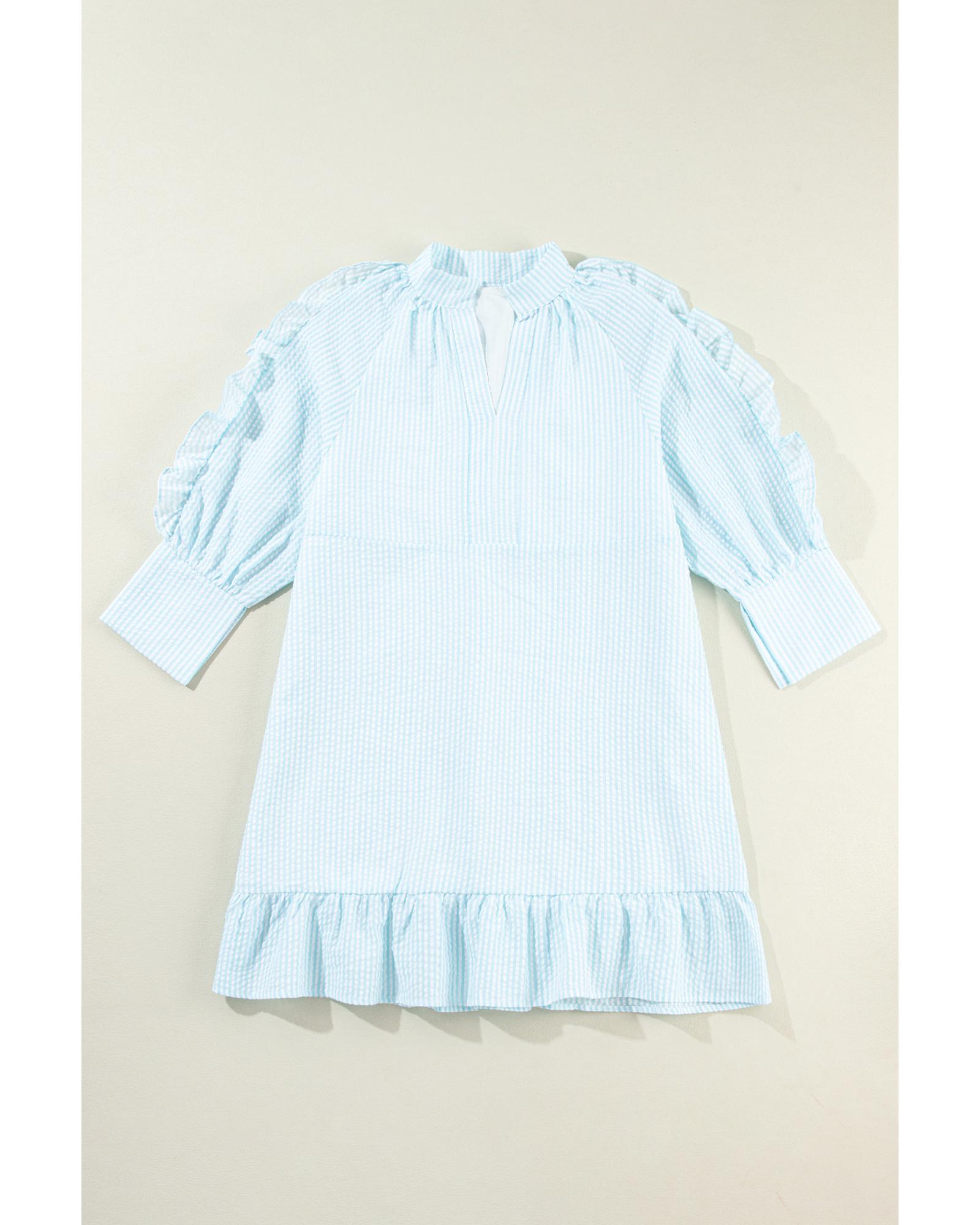 V539-AZEXDC6121378-P1204-XL-202508280220-00 Myosotis Seersucker Ruffled Puff Sleeve Stand Neck Mini Dress - XL - Image 1