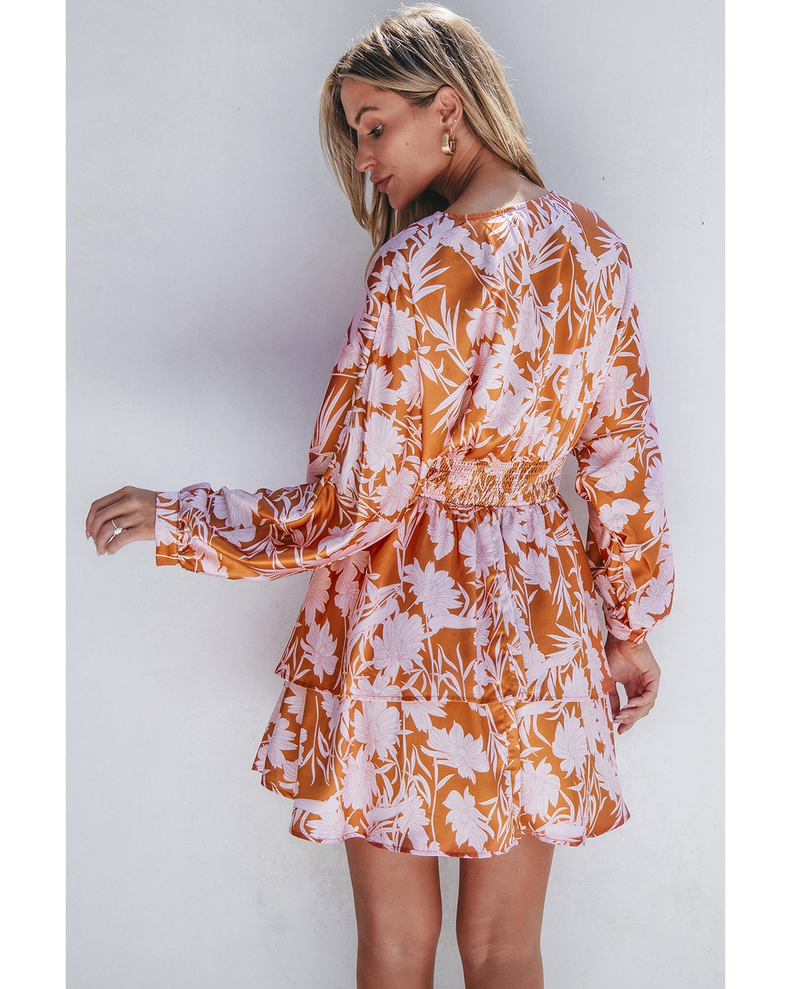 V539-AZEXDC6121462-P1720-L-202508290200-00 Brown Floral Puff Sleeve Smocked Waist Layered Dress - L - Image 1