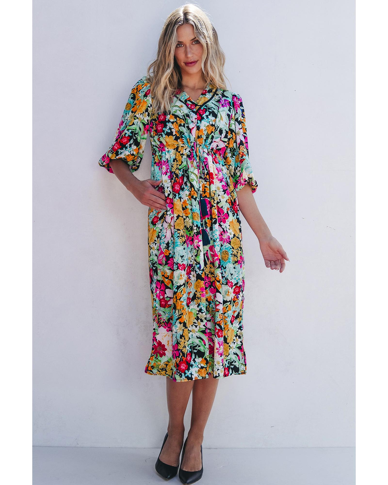 V539-AZEXDC6121498-P922-M-202508281835-00 Green Floral Puff Sleeve V Neck Tassel Drawstring Dress - M - Image 1