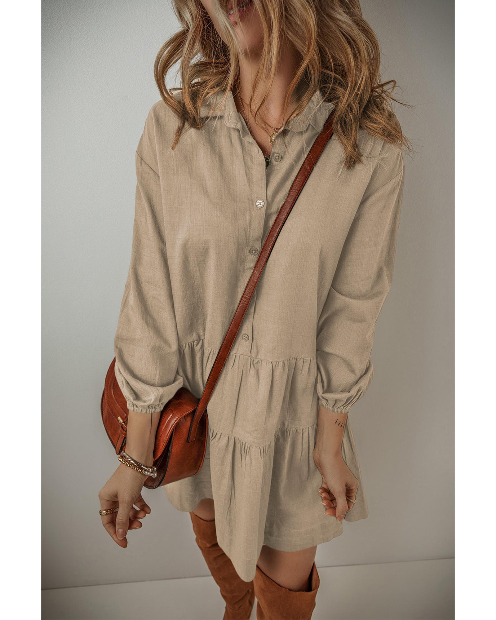 V539-AZEXDC6121586-P3016-S-202506141917-00 Tan Puff Sleeve Buttoned Tiered Pleated Shirt Mini Dress - S - Image 1