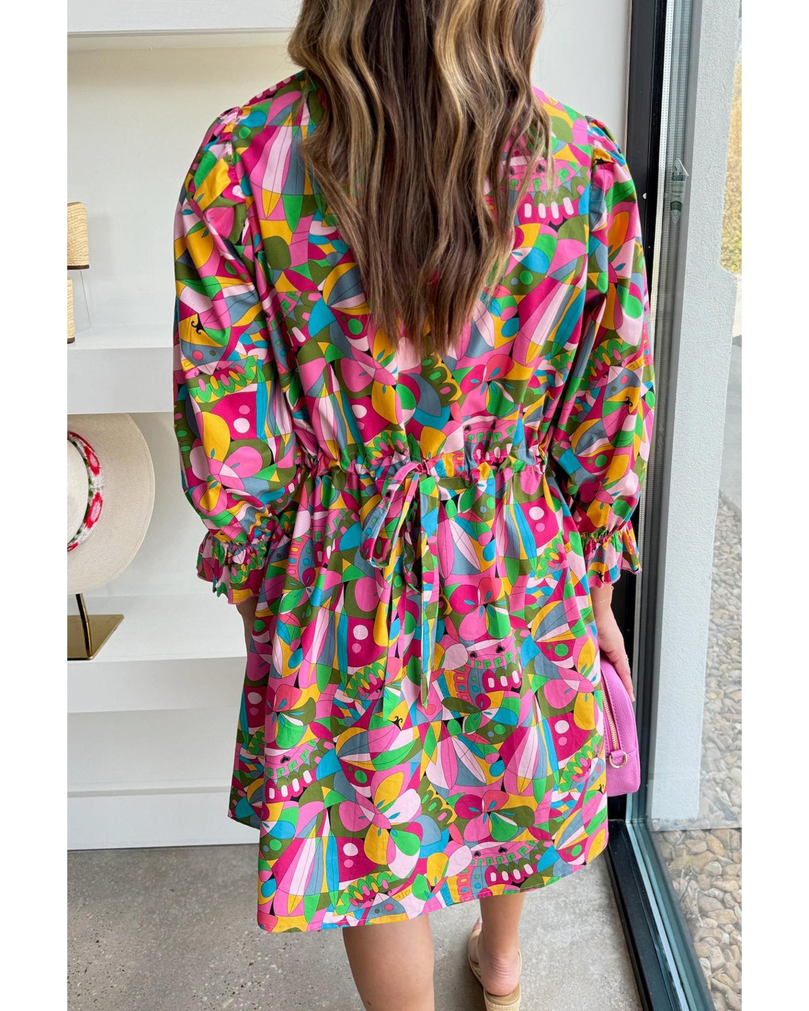 V539-AZEXDC6121634-P1020-XL-202508280700-00 Pink Abstract Printed Lantern Sleeve Buttoned Mini Dress - XL - Image 1