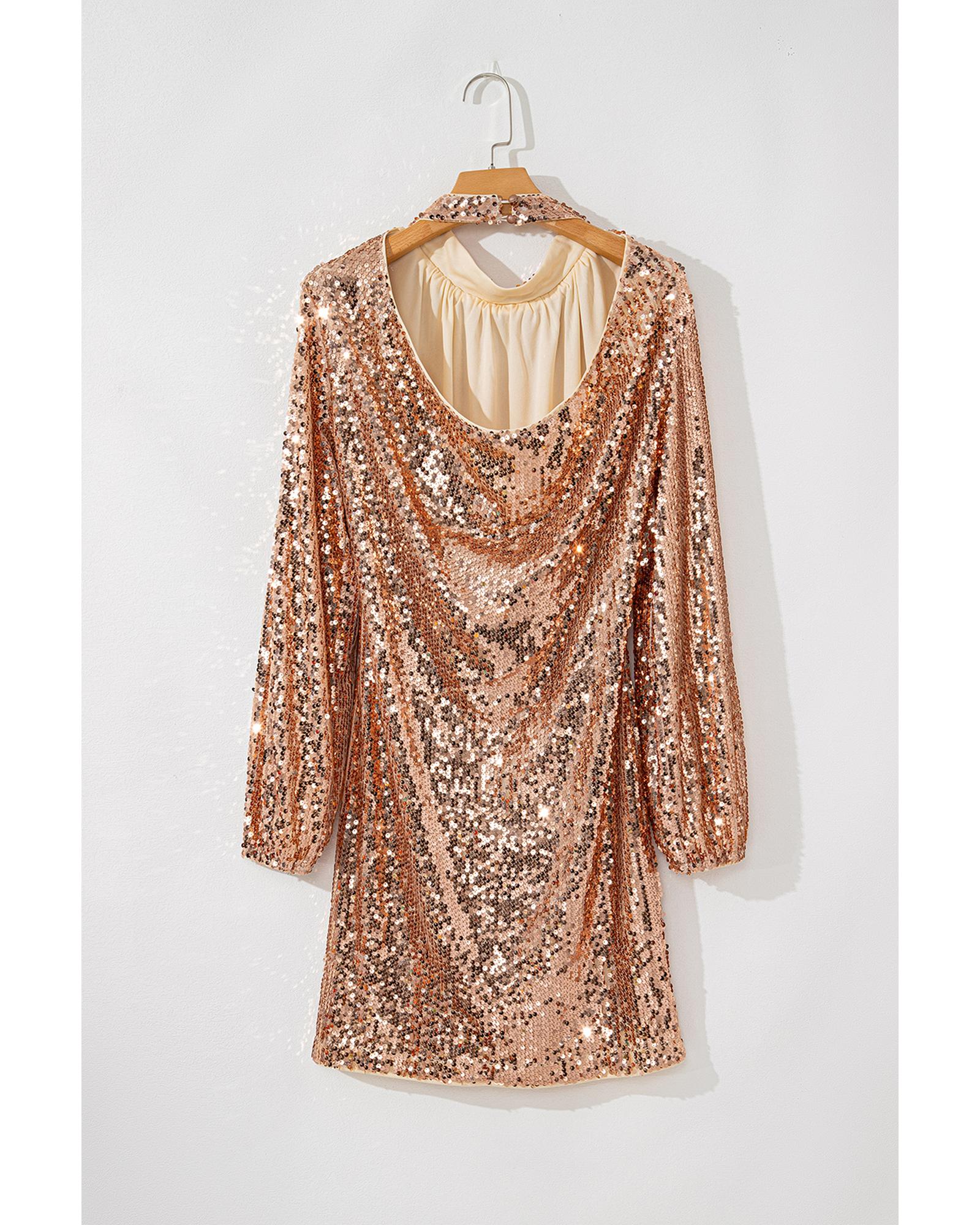 V539-AZEXDC6121637-P12-M-202508281010-00 Gold Sequined Long Sleeve Cutout Back Mini Dress - M - Image 1