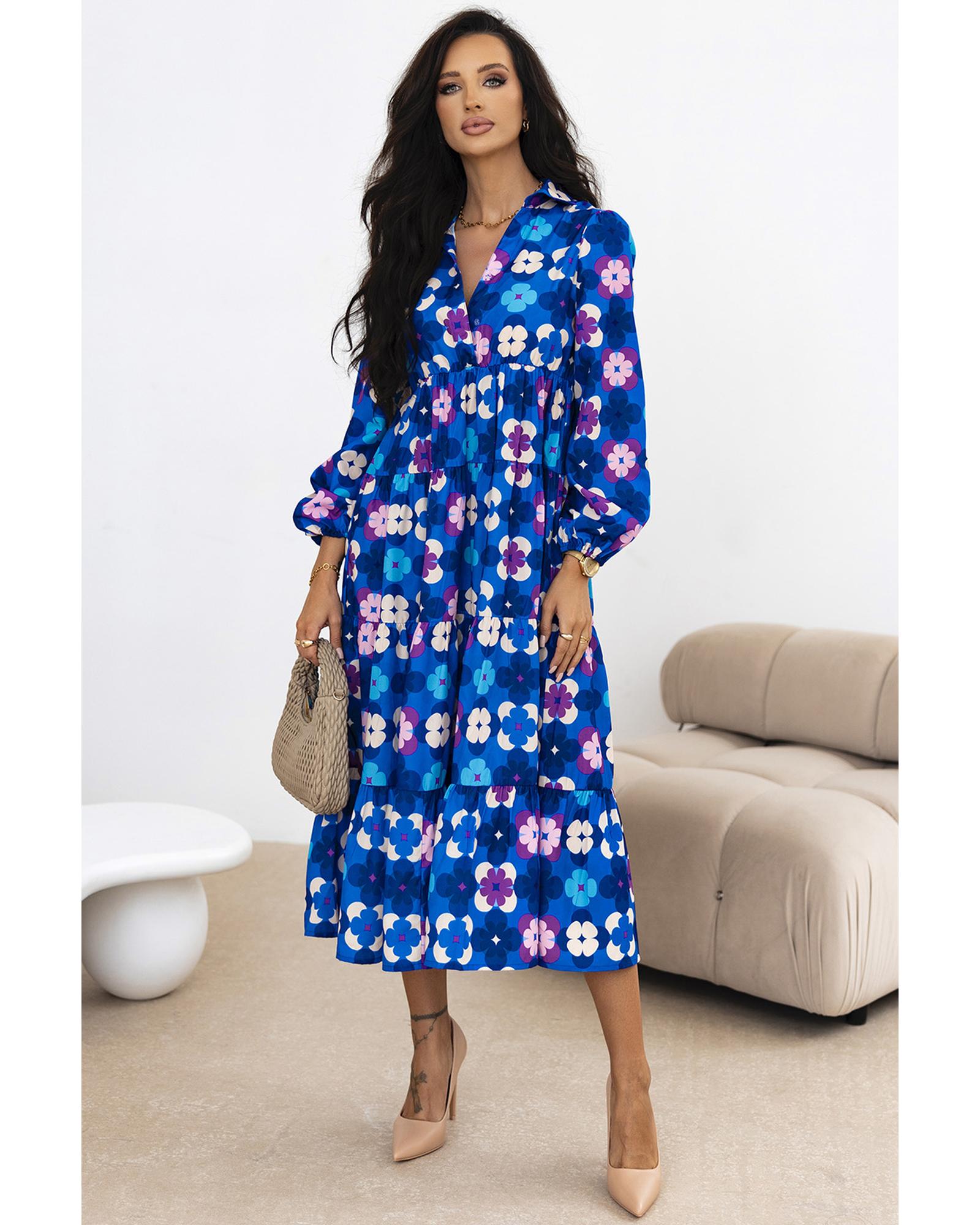 V539-AZEXDC6121719-P520-M-202508291925-00 Blue Floral Peasant Sleeve Tiered Ruffle Midi Dress - M - Image 1
