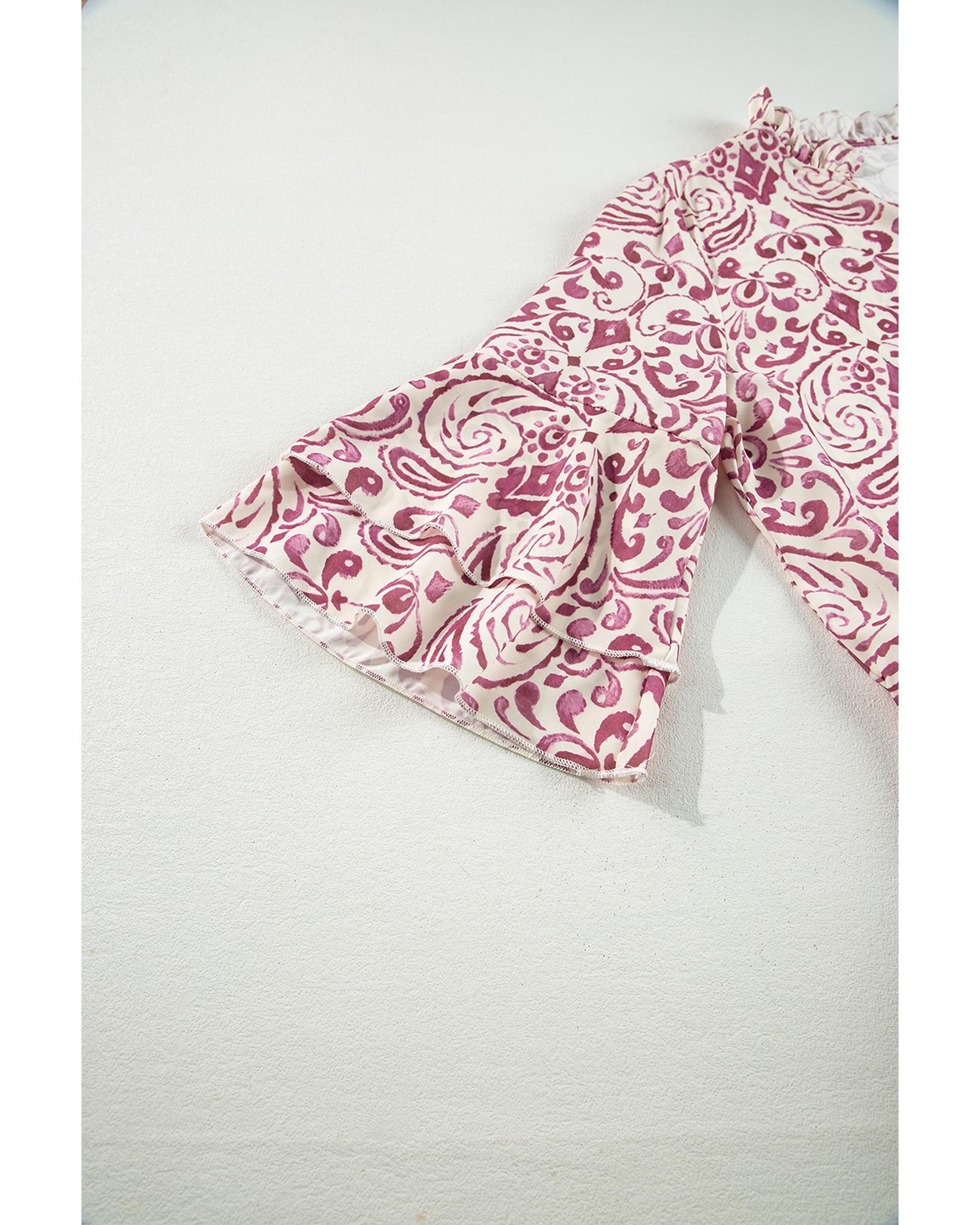 V539-AZEXDC6121727-P1020-M-202508300625-00 Pink Paisley Print Tiered 3/4 Sleeve Notched Neck Mini Dress - M - Image 1