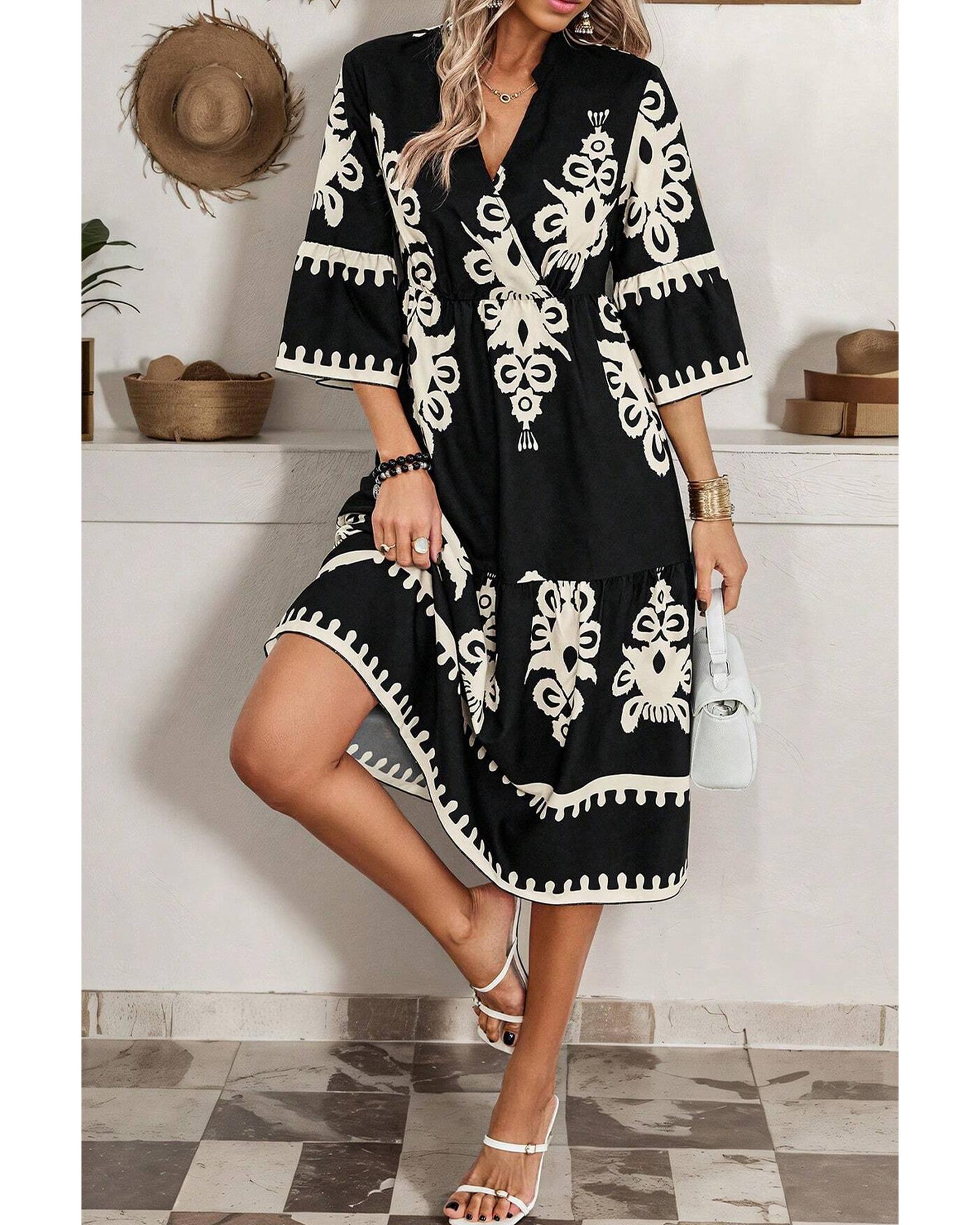 V539-AZEXDC6121729-P220-S-202506141533-00 Black Western Geometric Print 3/4 Sleeve Loose Midi Dress - S - Image 1
