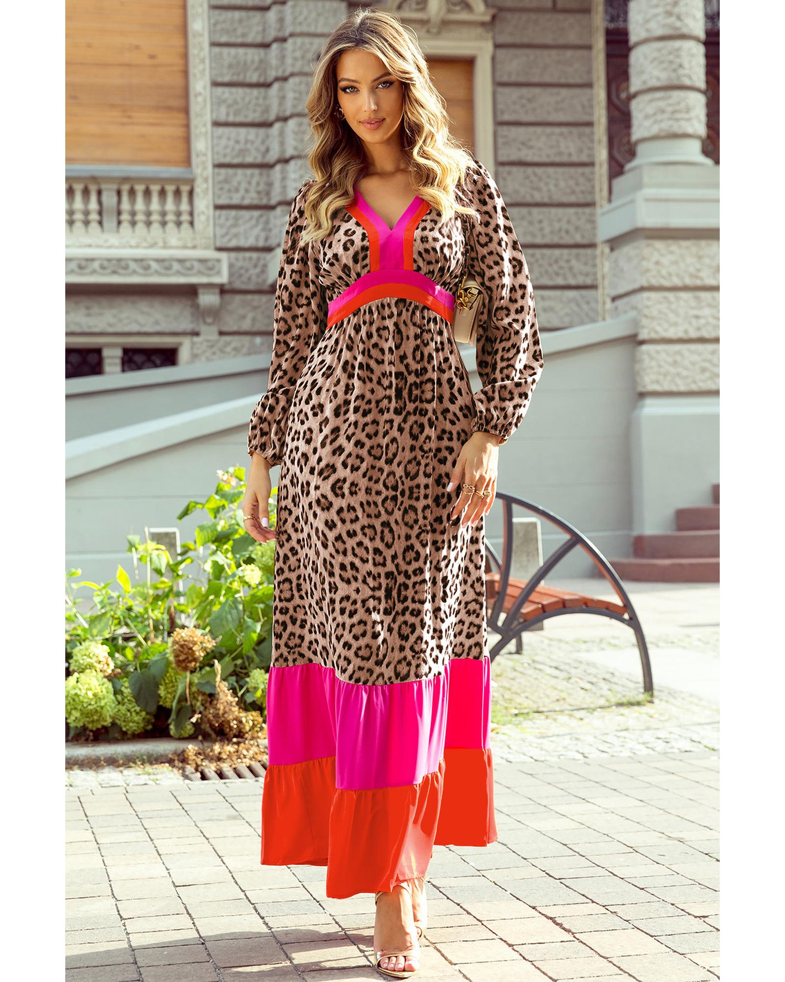 V539-AZEXDC6121732-P1720-XL-202508281715-00 Brown Leopard Color Block V Neck Loose Fit Maxi Dress - XL - Image 1