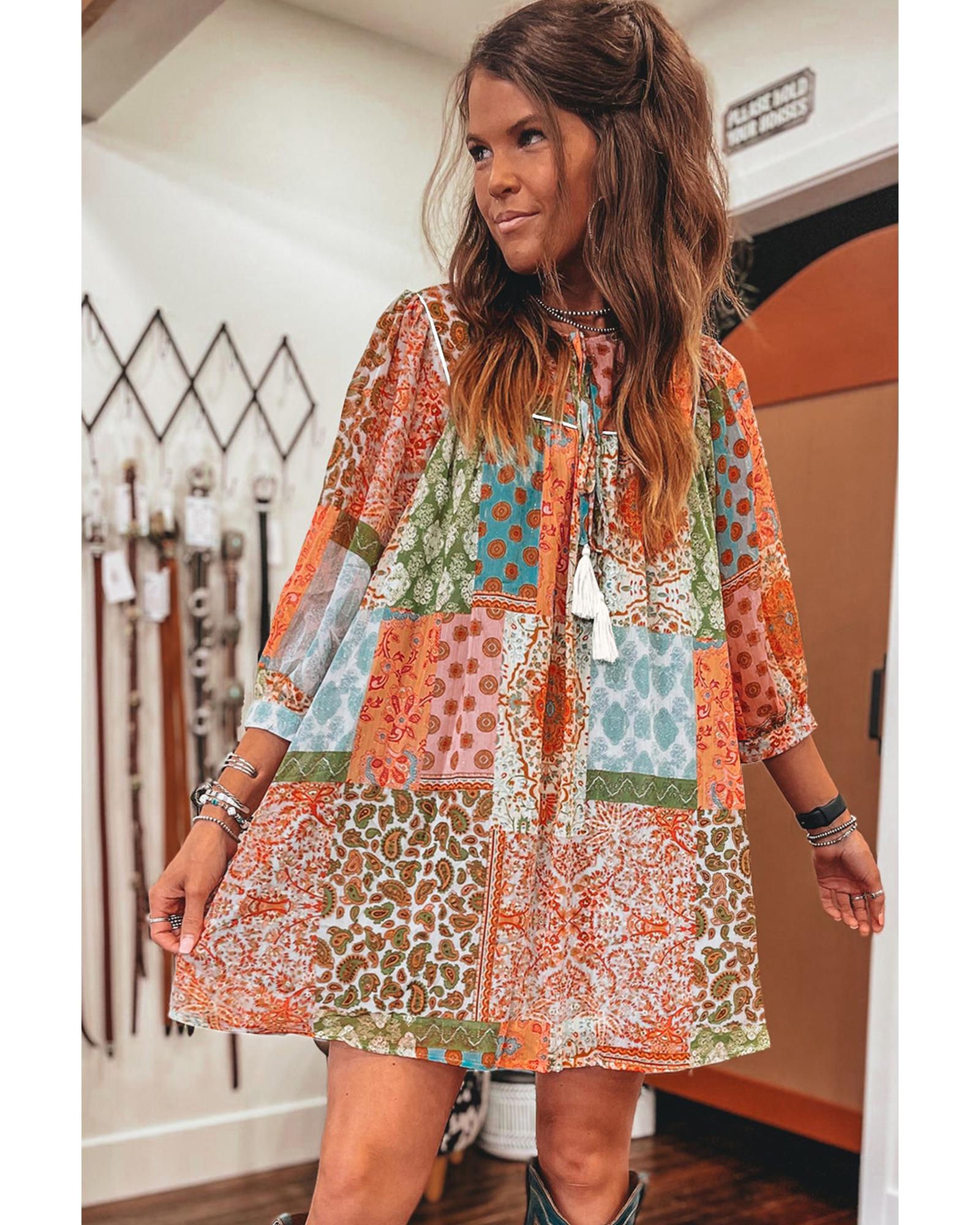 V539-AZEXDC6121745-P1420-XL-202508282310-00 Orange Boho Paisley Mixed Print 3/4 Sleeve Chiffon Loose Dress - XL - Image 1
