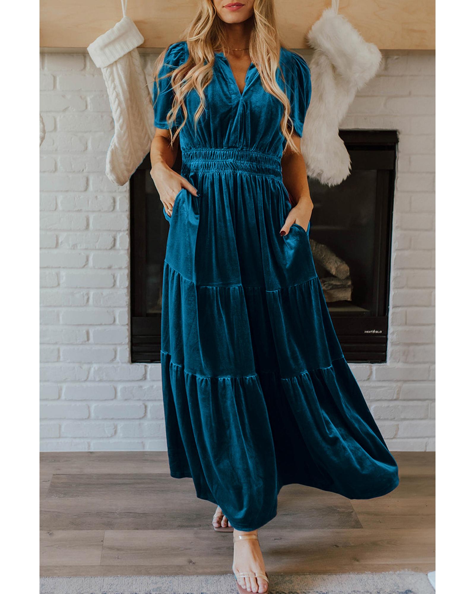 V539-AZEXDC6121808-P505-M-202508281755-00 Prussian Blue Velvet Short Sleeve Shirred Waist Tiered Maxi Dress - M - Image 1