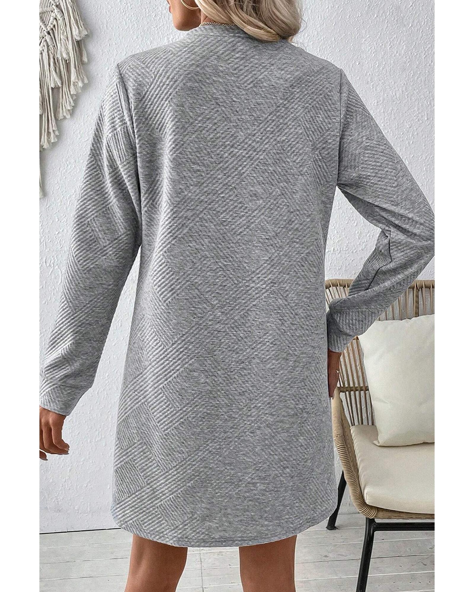 V539-AZEXDC6121814-P11-L-202508282200-00 Gray Solid Color Textured Long Sleeve Shift Dress - L - Image 1