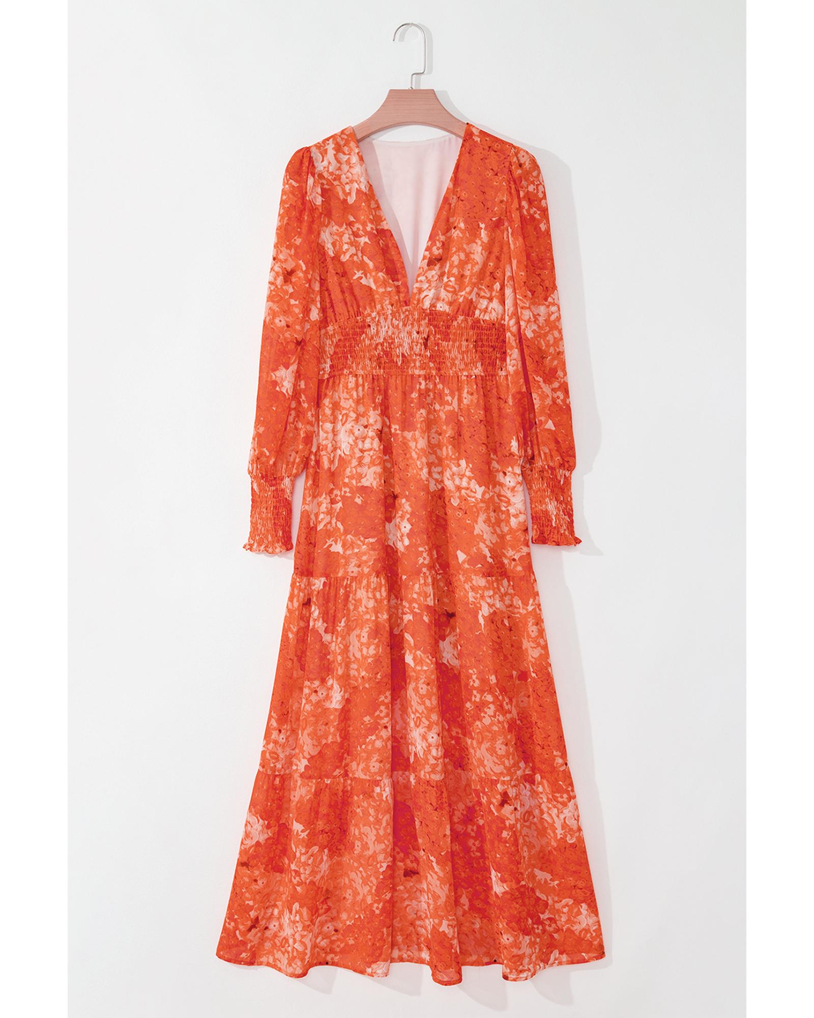 V539-AZEXDC6121909-P1420-S-202506141647-00 Orange Boho Floral Bishop Sleeve V Neck Tiered Maxi Dress - S - Image 1