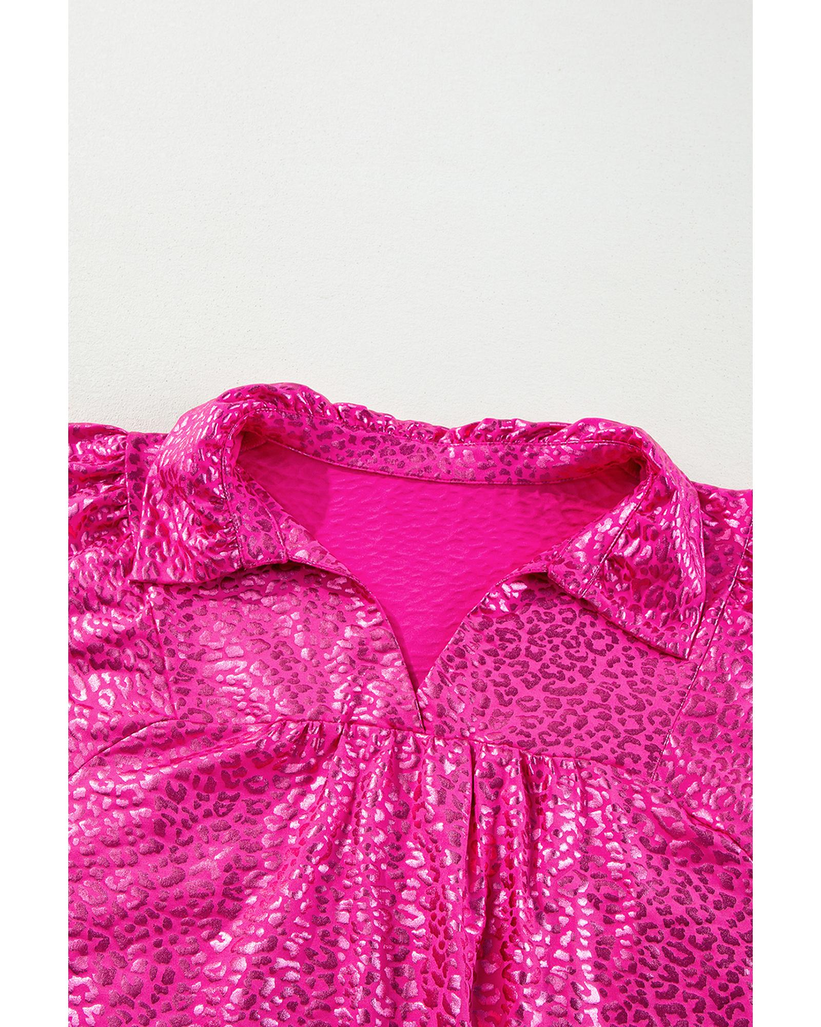 V539-AZEXDC6121941-P6-S-202506141717-00 Rose Red Metallic Leopard Print Collared Babydoll Mini Dress - S - Image 1