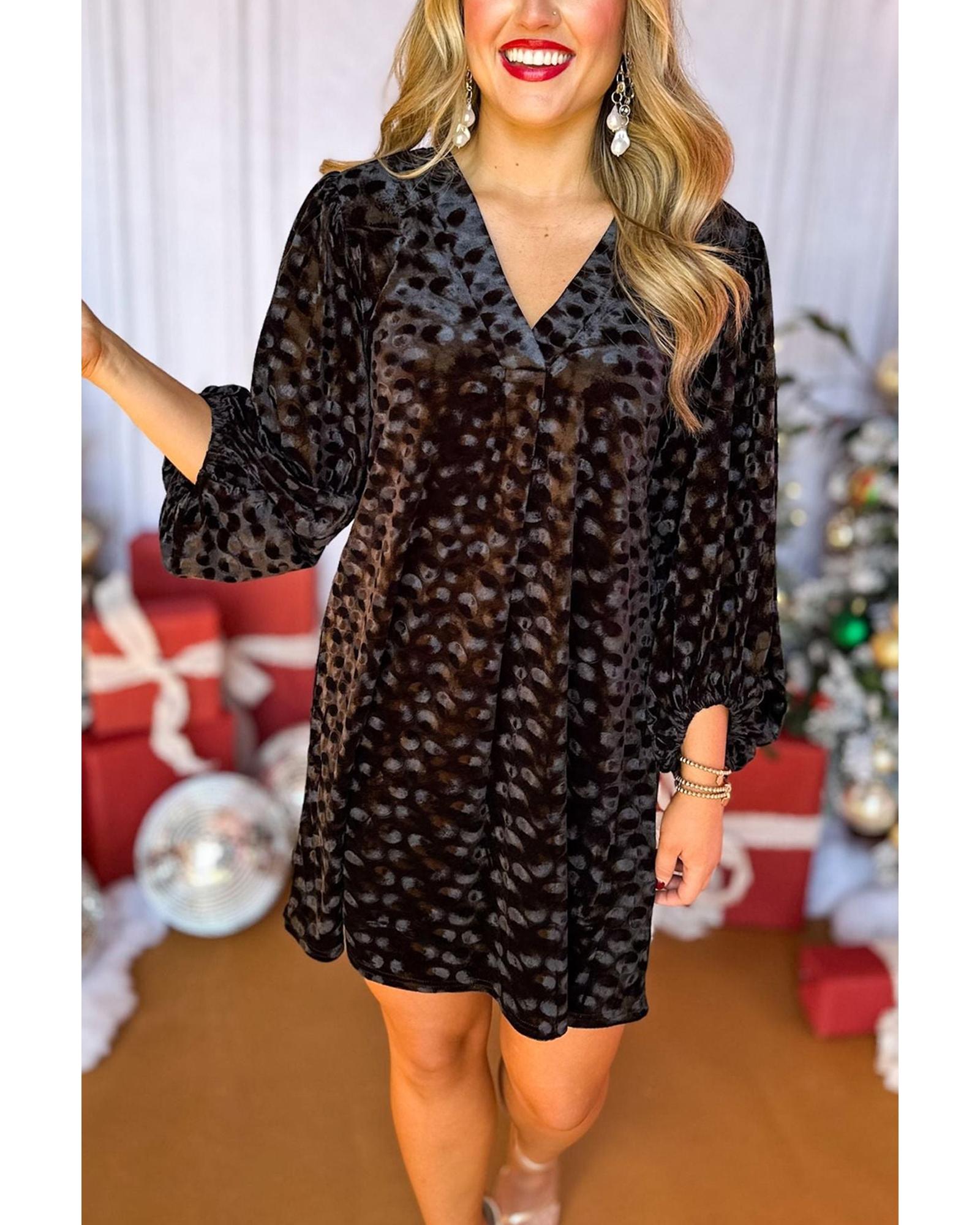 V539-AZEXDC6121951-P2-M-202508280910-00 Black Textured V Neck Balloon Sleeve Velvet Mini Dress - M - Image 1