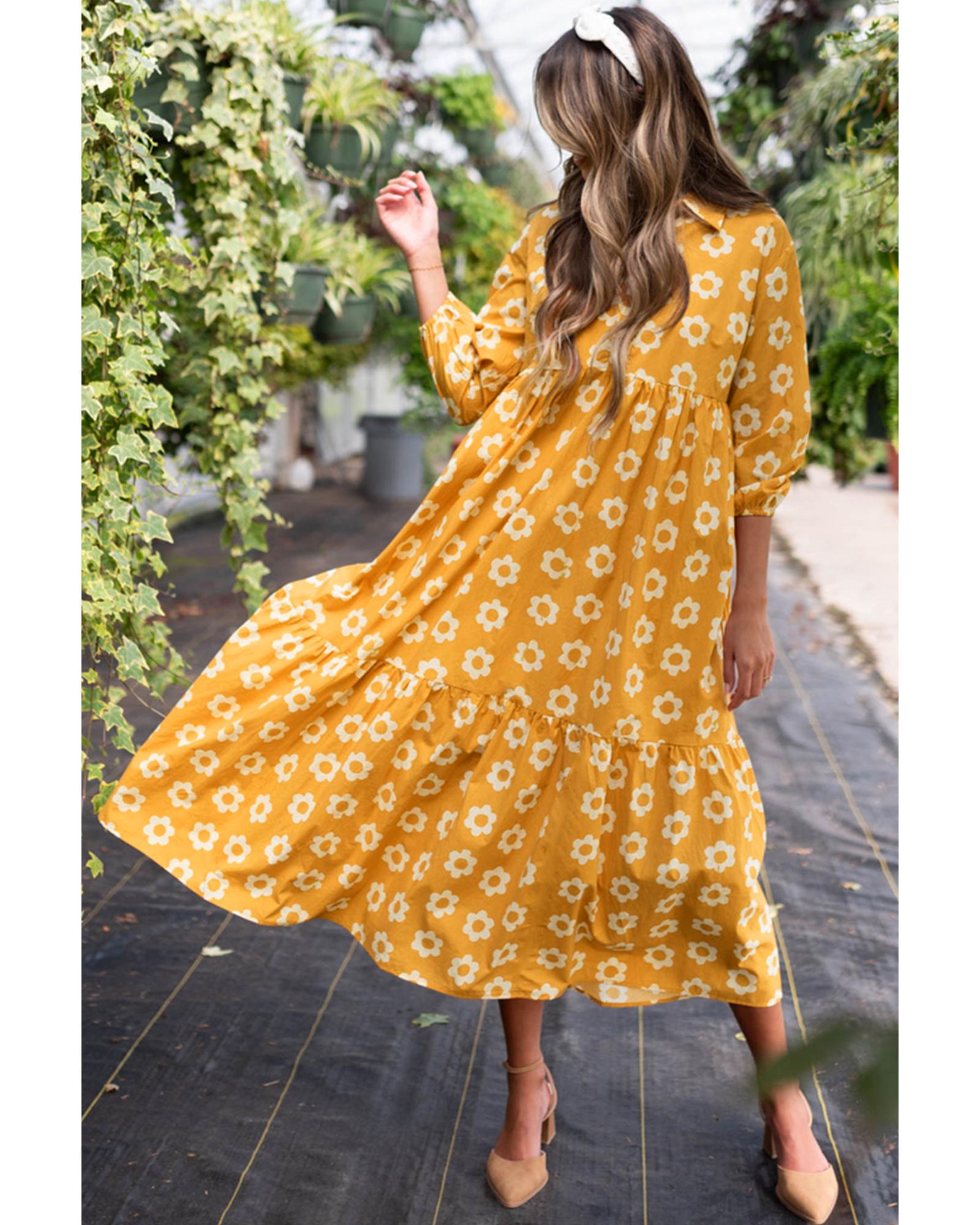 V539-AZEXDC6122039-P720-S-202506141740-00 Yellow Flower Print Bracelet Sleeve Buttons Collared Maxi Dress - S - Image 1