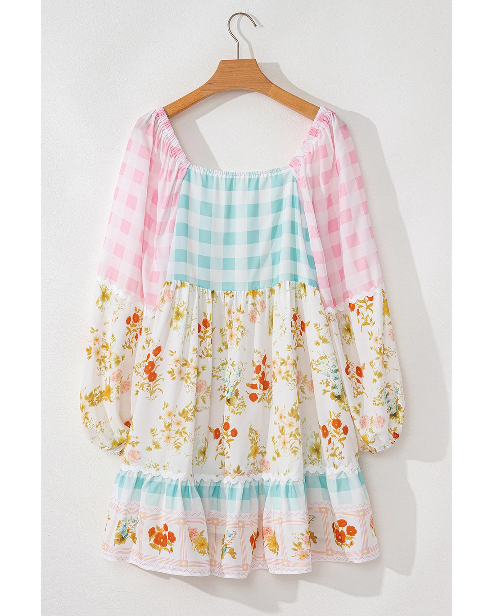 V539-AZEXDC6122059-P1020-L-202508310810-00 Pink Ric Rac Plaid Floral Print Patchwork Bubble Sleeve Dress - L - Image 1