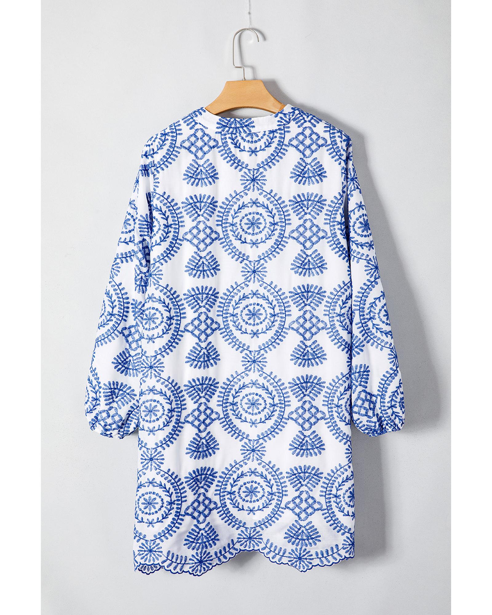 V539-AZEXDC6122101-P520-M-202508311155-00 Blue Boho Floral Embroidered Notch V Neck Shift Mini Dress - M - Image 1