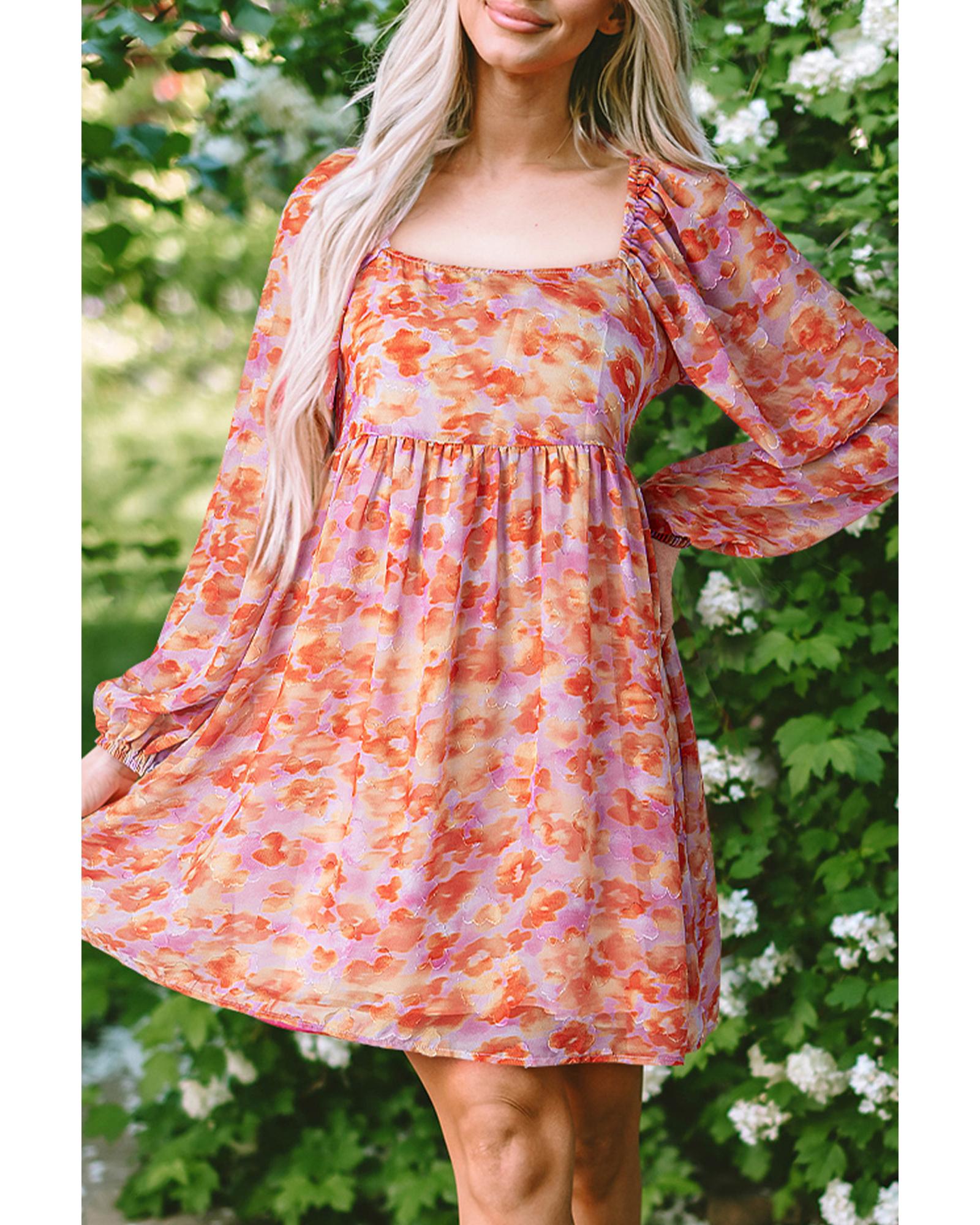 V539-AZEXDC6122168-P620-XL-202508310315-00 Rose Floral Print Square Neck High Waist Mini Dress - XL - Image 1