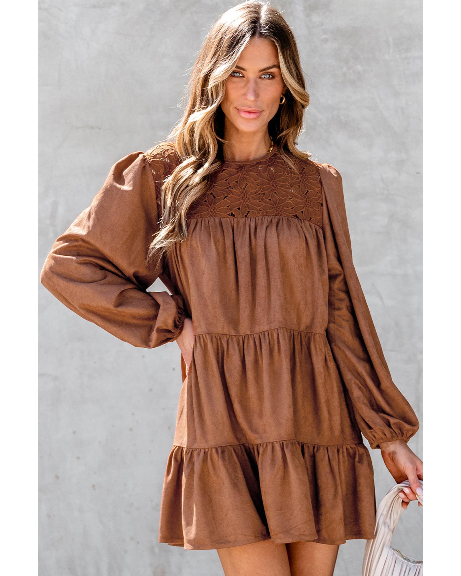 V539-AZEXDC6122188-P2017-M-202506190127-00 Chestnut Floral Lace Crochet Tiered Ruffled Mini Dress - M - Image 1