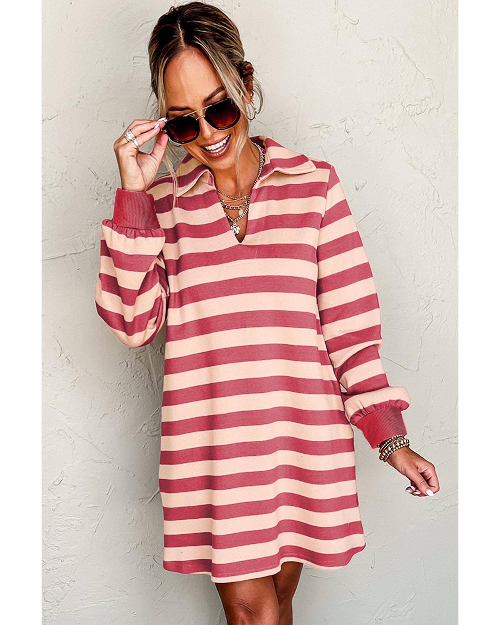 V539-AZEXDC6122351-P1019-S-202506190146-00 Pink Stripe Collared V Neck Long Sleeve Loose Casual Dress - S - Image 1