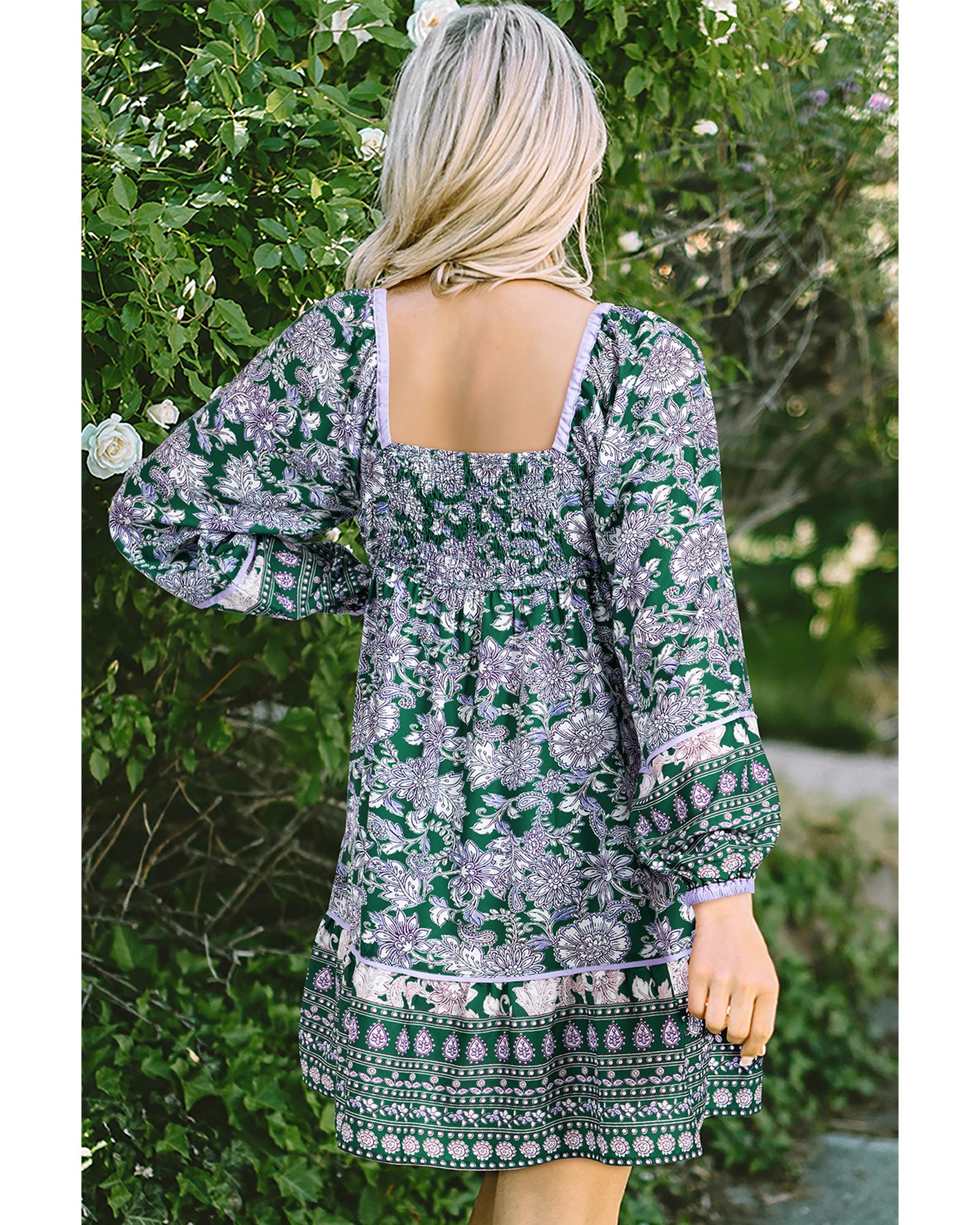 V539-AZEXDC6122396-P920-L-202508310410-00 Green Floral Print Piping Trim Bubble Sleeve Square Neck Dress - L - Image 1