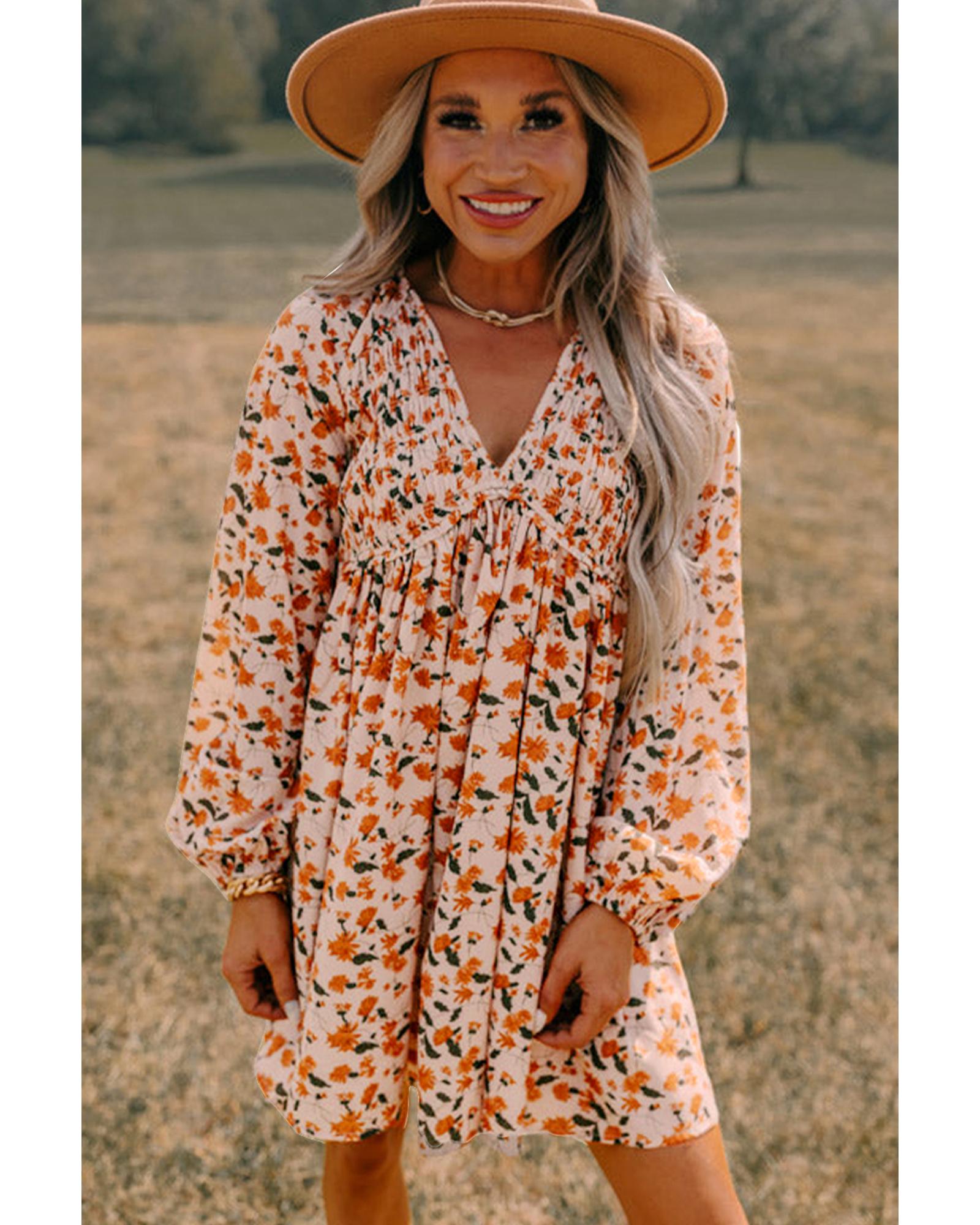 V539-AZEXDC6122407-P1520-S-202506190220-00 Beige Floral Deep V Neck Smocked Bust Bubble Sleeve Babydoll Dress - S - Image 1