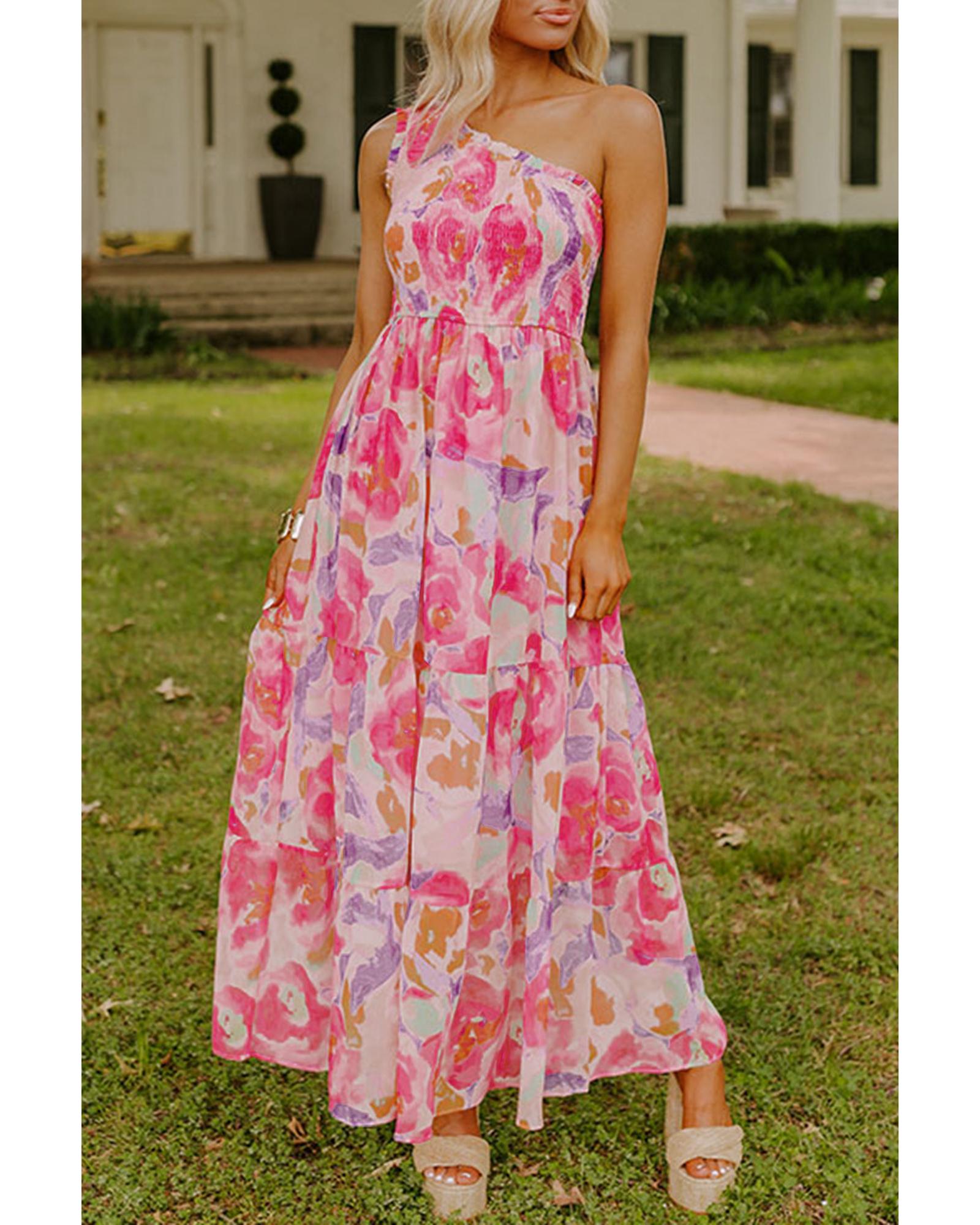 V539-AZEXDC6122433-P1020-XL-202508310400-00 Pink Abstract Floral Print Shirred One Shoulder Maxi Dress - XL - Image 1