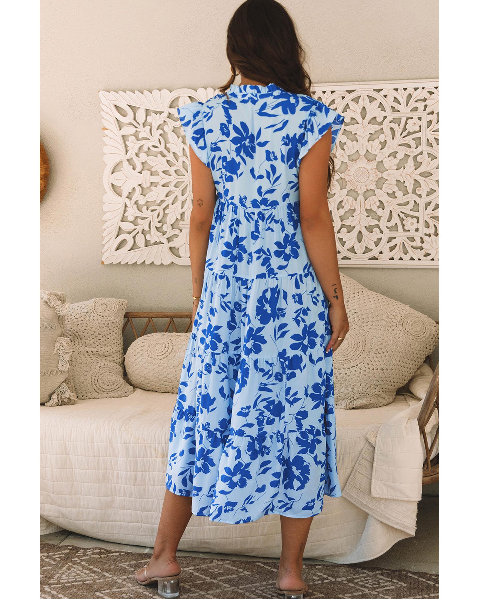 V539-AZEXDC6122436-P420-S-202508310610-00 Sky Blue Floral Print Tiered Frilled Trim Flutter Sleeve Maxi Dress - S - Image 1