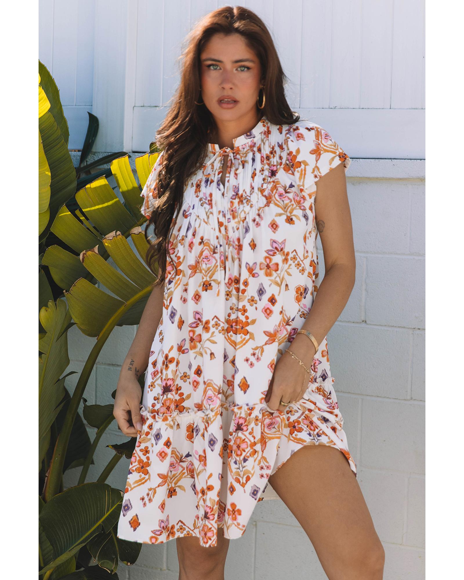 V539-AZEXDC6122444-P1820-XL-202508310330-00 Apricot Floral Geometric Print Ruffled Trim Flutter Sleeve Mini Dress - XL - Image 1