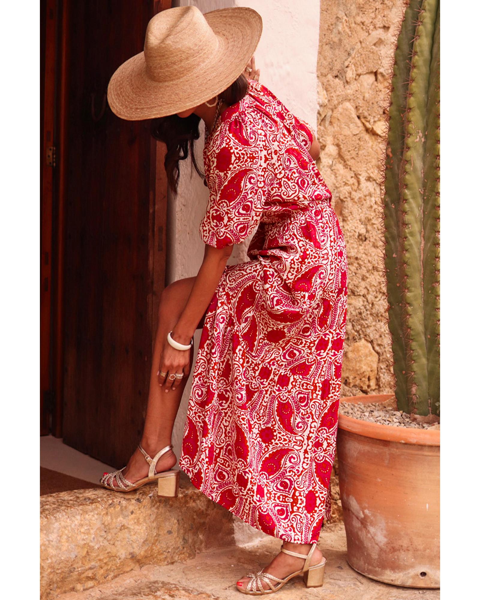 V539-AZEXDC6122445-P10320-M-202506190248-00 Red Paisley Print Side Slit Puff Sleeve High Waist Maxi Dress - M - Image 1