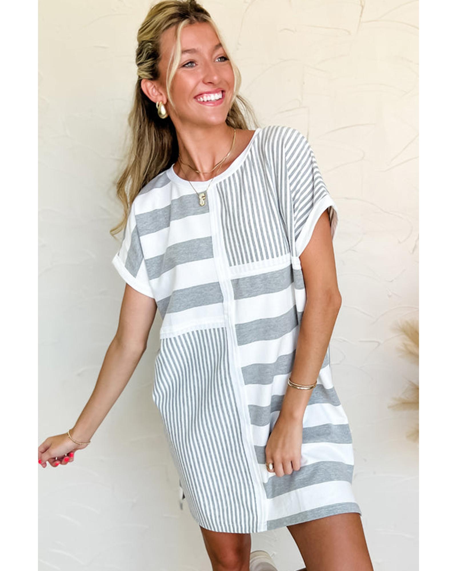 V539-AZEXDC6122448-P1119-S-202506190303-00 Azura Exchange Gray Stripe Mixed Printed Short Sleeve Shift Mini T Shirt Dress - S - Image 1