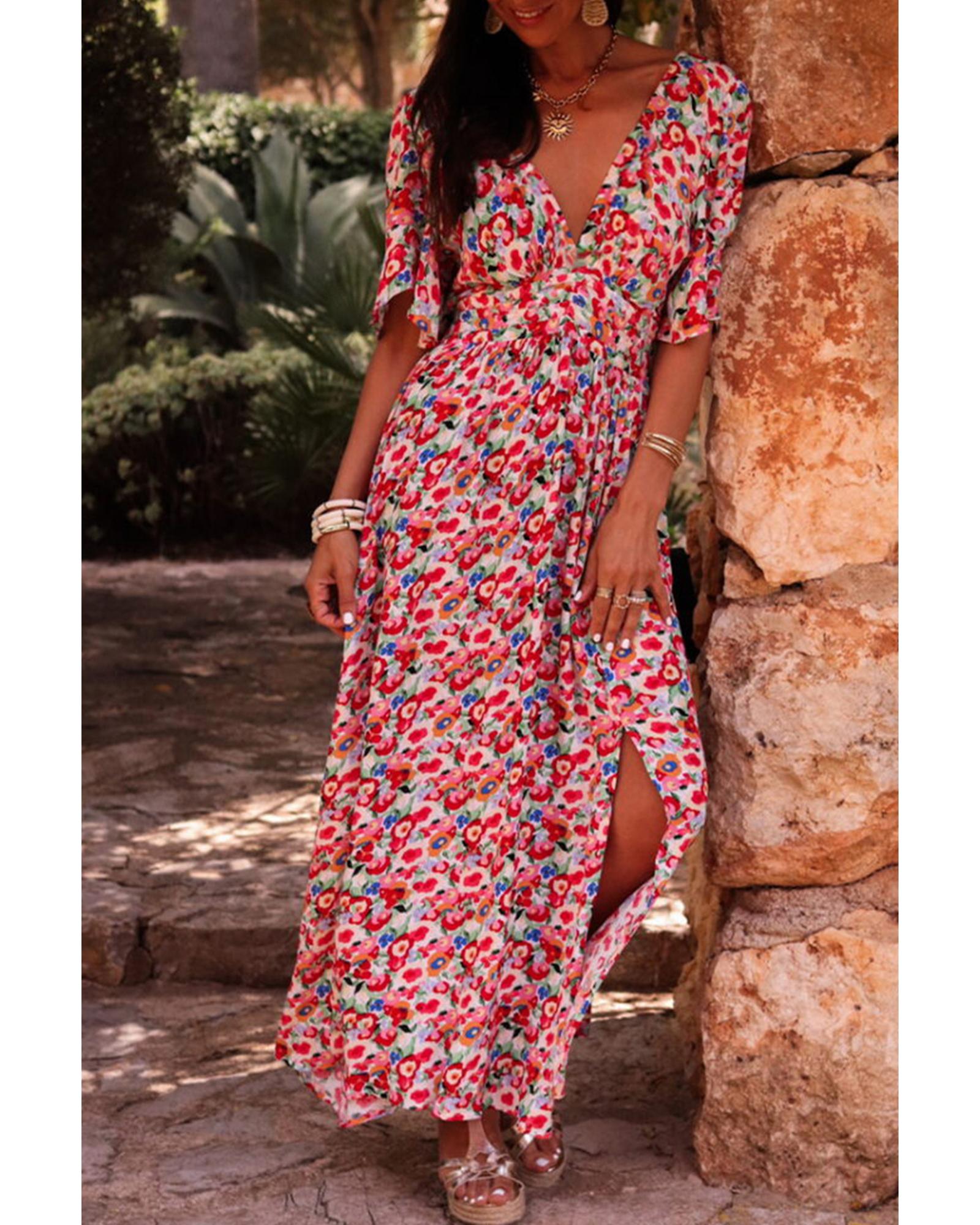 V539-AZEXDC6122449-P10320-L-202508310745-00 Red Floral Half Sleeve Deep V Neck Cutout Back Split Maxi Dress - L - Image 1