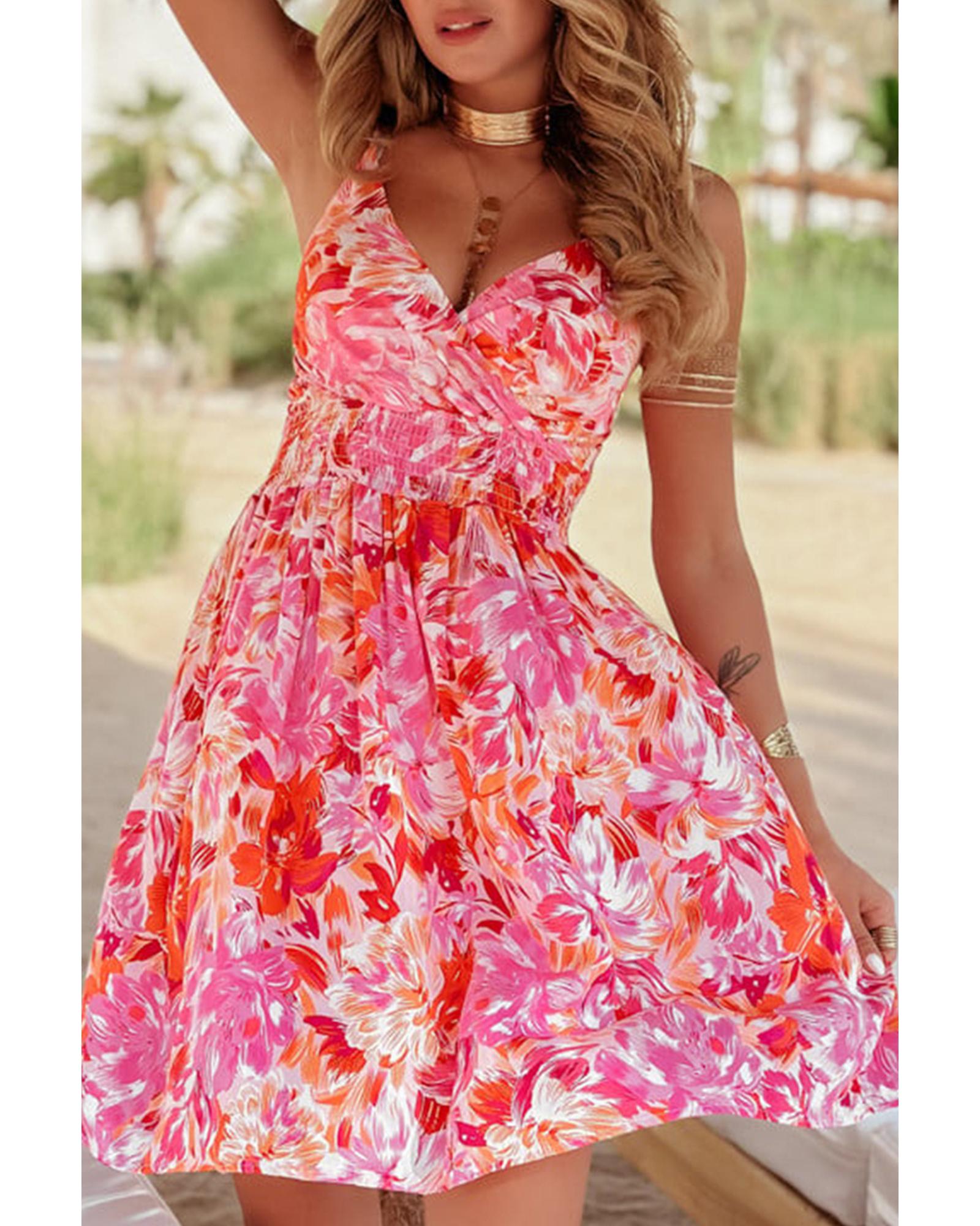 V539-AZEXDC6122454-P10320-M-202508311400-00 Red Floral Spaghetti Strap Surplice Neck Shirred Waist Mini Dress - M - Image 1