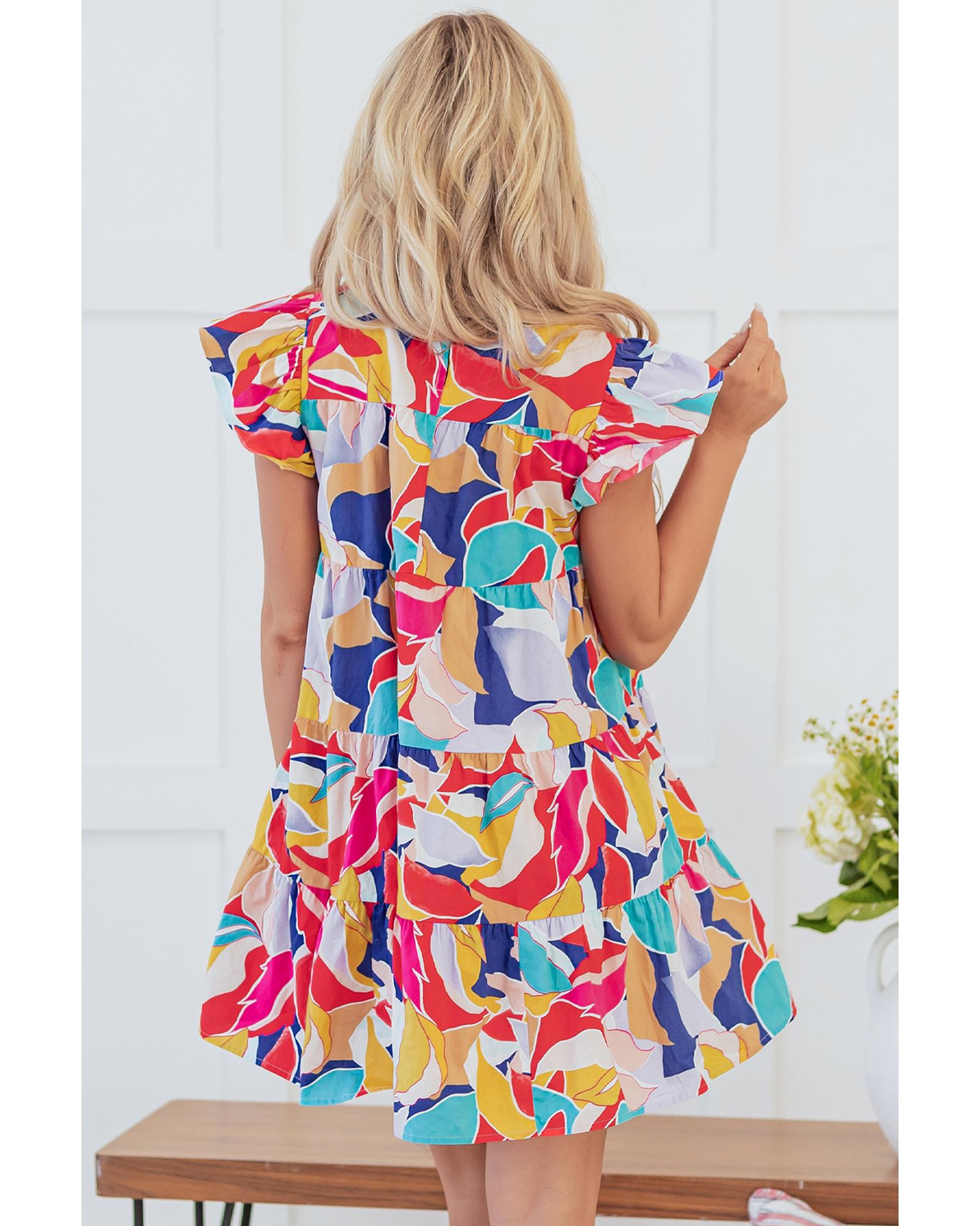 V539-AZEXDC6122466-P1020-S-202508311045-00 Pink Abstract Printed Ruffled Flutter Sleeve Tiered Mini Dress - S - Image 1