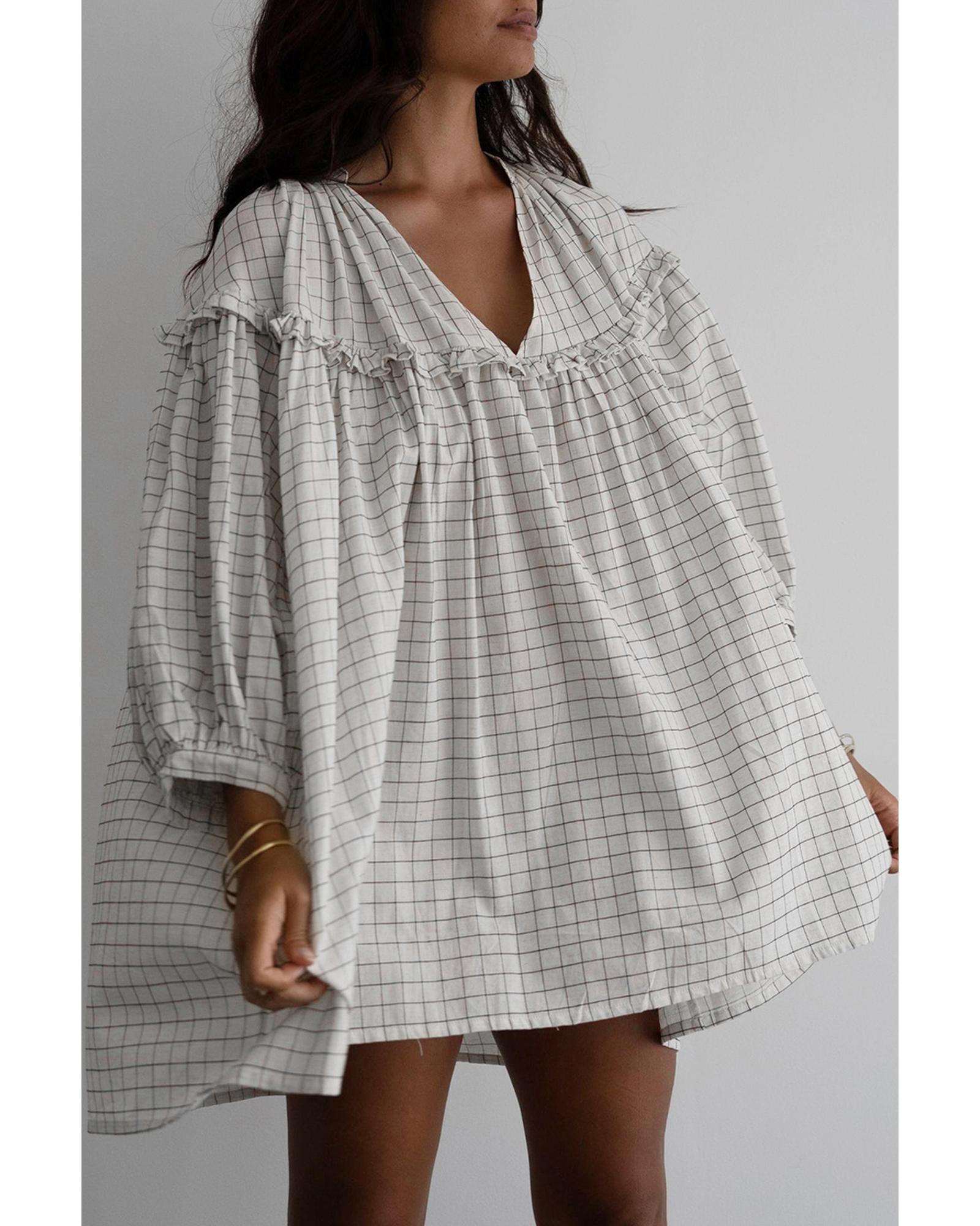 V539-AZEXDC6122479-P119-L-202508311425-00 White Stripe Checkered Frilled V Neck Bracelet Sleeve Babydoll Dress - L - Image 1