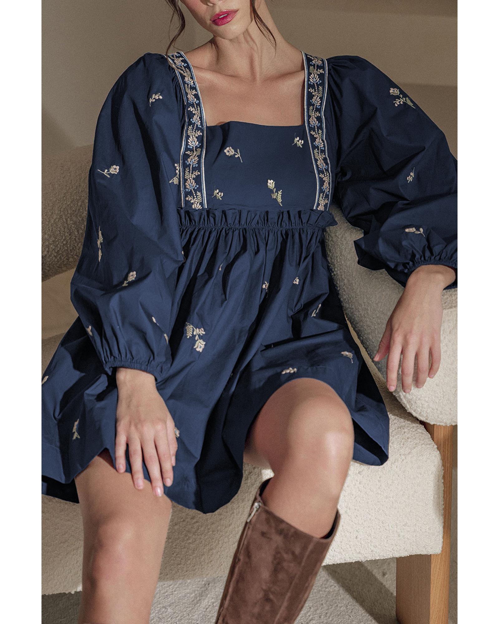 V539-AZEXDC6122488-P520-L-202508310825-00 Blue Floral Embroidered Square Neck Puff Sleeve Ruffled Mini Dress - L - Image 1