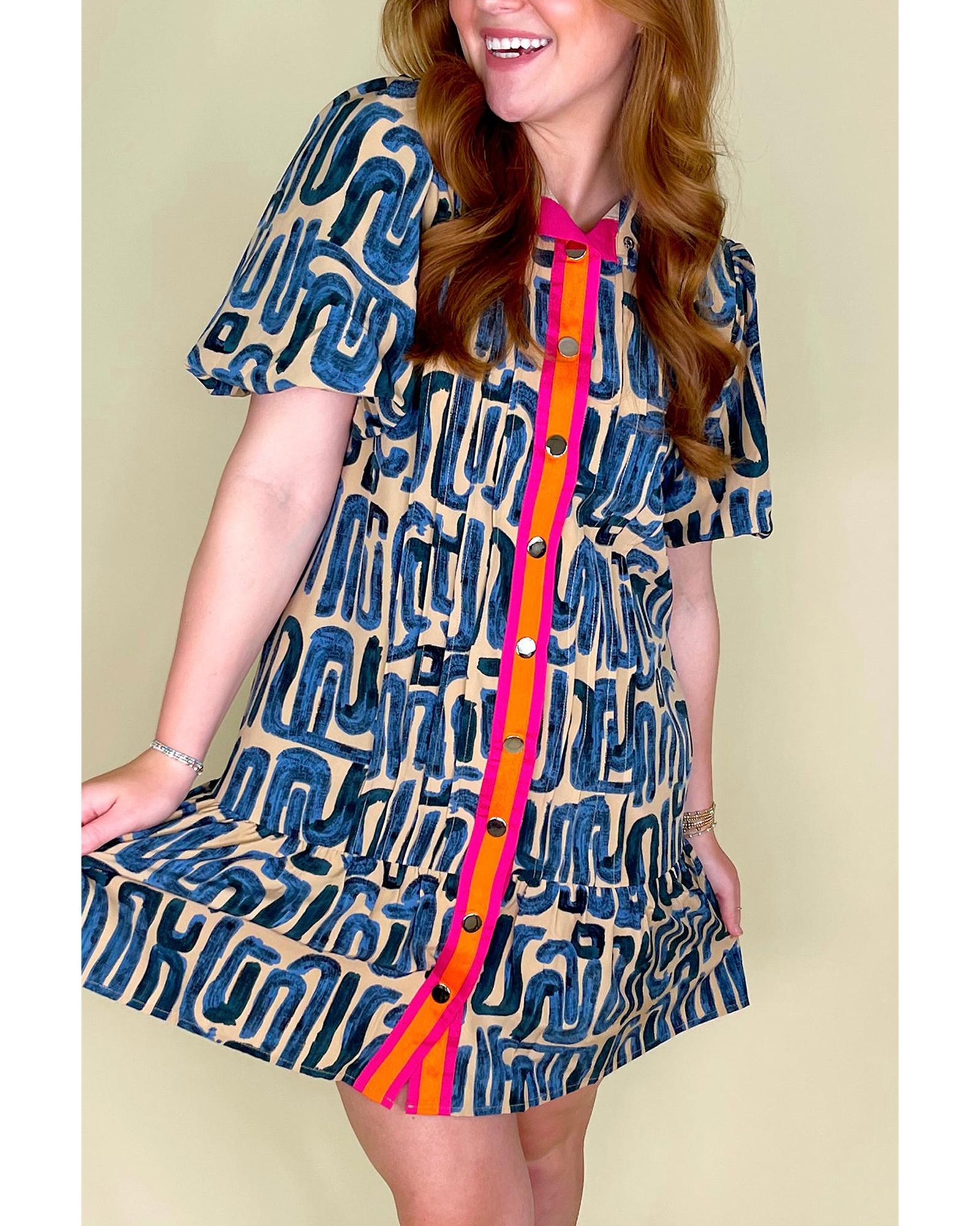 V539-AZEXDC6122492-P15-XL-202508310935-00 Beige Abstract Print Bubble Sleeve Button up Mini Dress - XL - Image 1