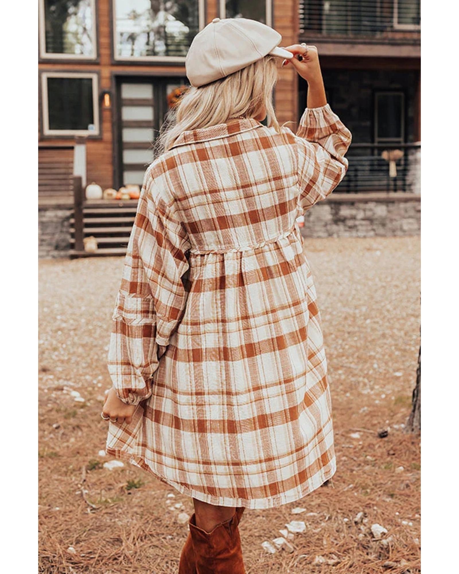 V539-AZEXDC6122498-17-M-202508311005-00 Brown Plaid Print Side Pockets Frilled Babydoll Mini Dress - M - Image 1