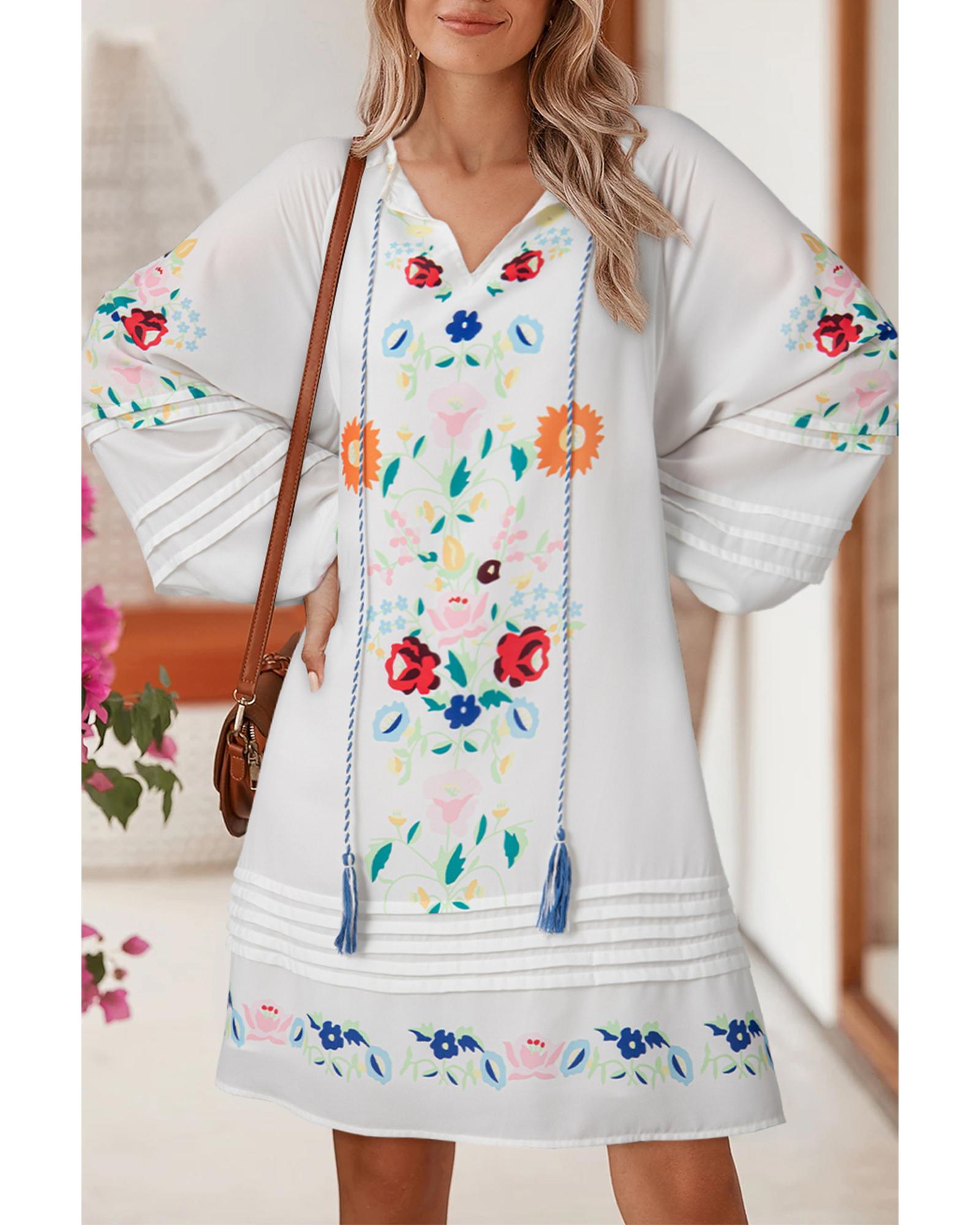 V539-AZEXDC6122517-P1-S-202506190130-00 White Floral Print Boho Tassel Tie Split Neck Tucking Detail Puff Sleeve Mini Dress - S - Image 1