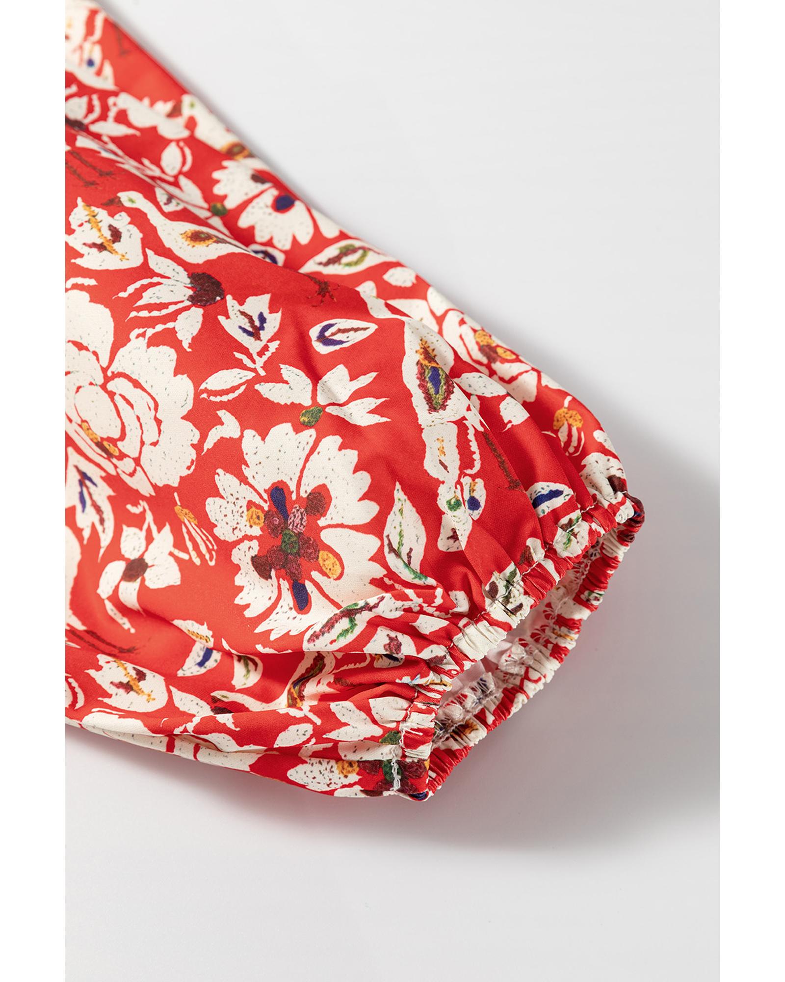 V539-AZEXDC6122529-P10320-L-202508311055-00 Red Colorful Floral Patchwork Long Sleeve Pleated Mini Dress - L - Image 1