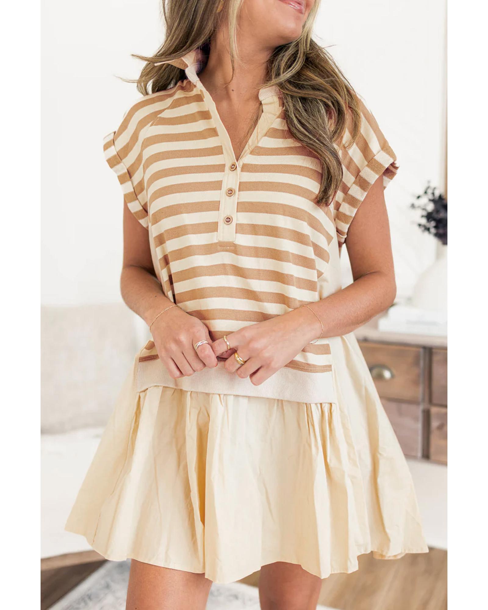 V539-AZEXDC6122550-P1619-XL-202508310450-00 Khaki Stripe Two-in-one Collared Cap Sleeve Patchwork Loose Mini Dress - XL - Image 1