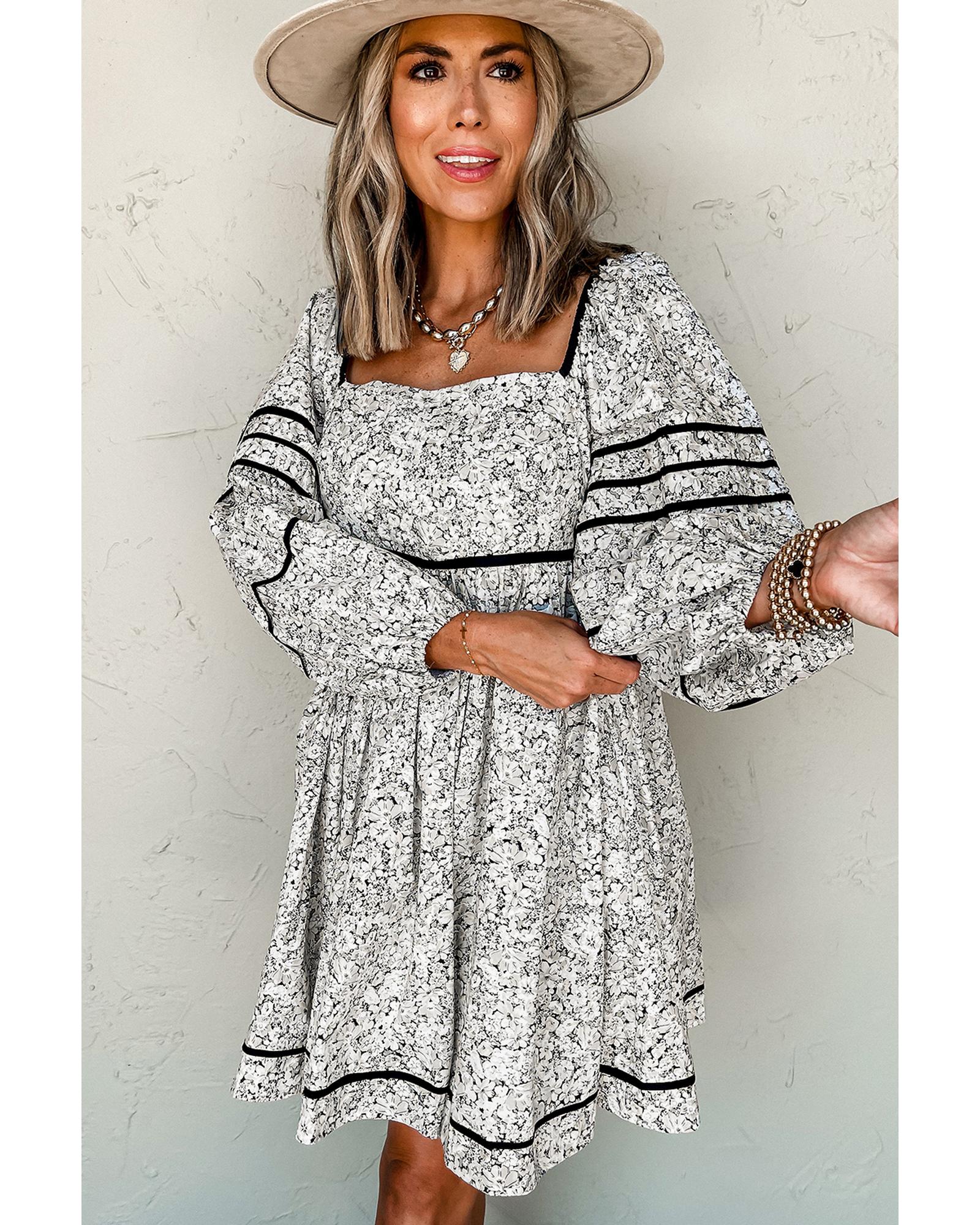 V539-AZEXDC6122553-P1120-L-202508310505-00 Gray Floral Print Open Back Balloon Sleeve Square Neck Mini Dress - L - Image 1