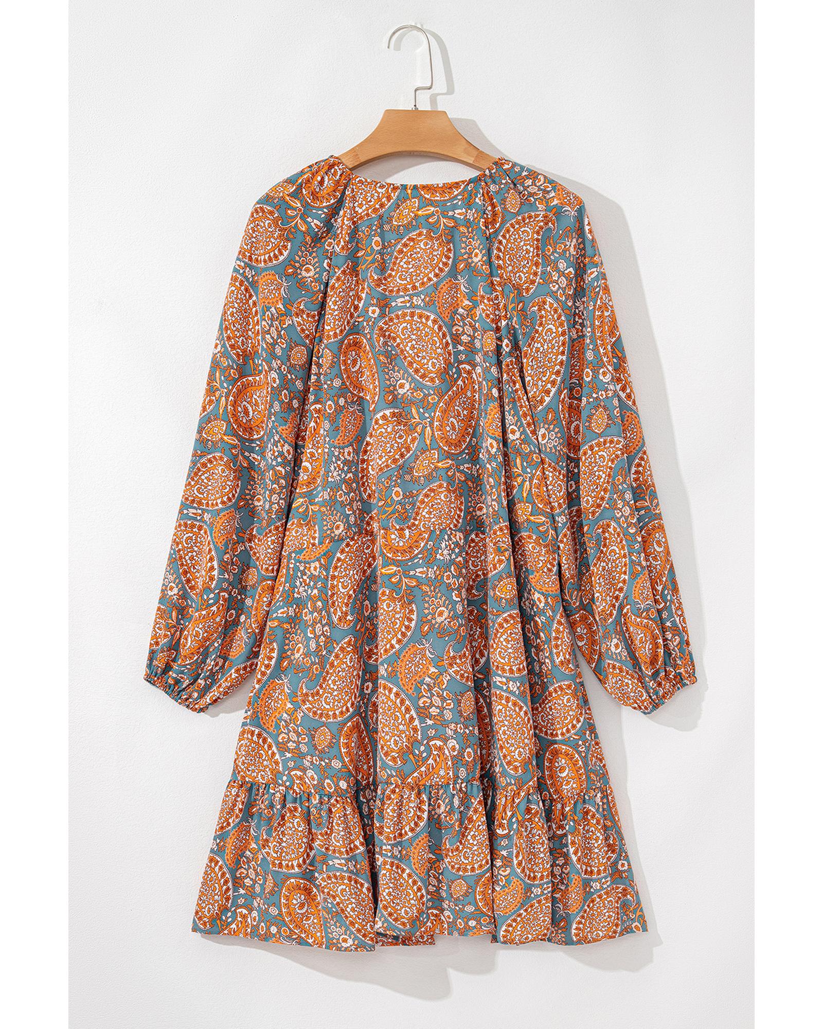 V539-AZEXDC6122555-P1420-XL-202508310720-00 Orange Paisley Print Loose Fit Drawstring High Waist Mini Dress - XL - Image 1