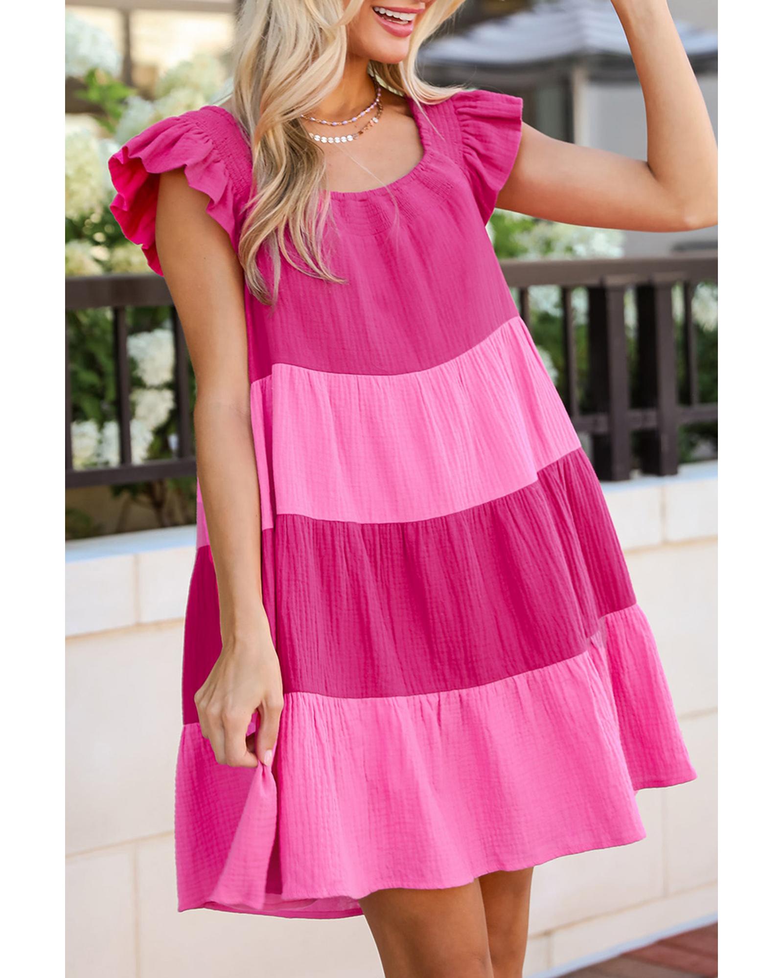 V539-AZEXDC6122559-P1020-XL-202508311055-00 Pink Crinkled Colorblock Patchwork Flutter Tiered Mini Dress - XL - Image 1