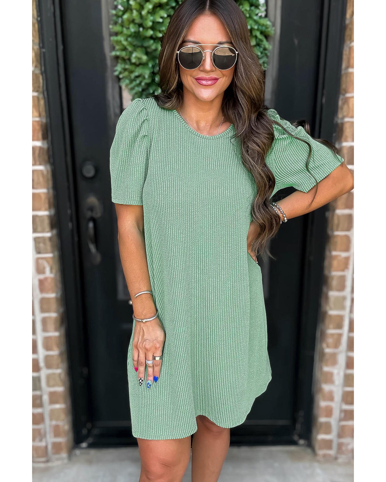 V539-AZEXDC6122560-P1009-L-202508311120-00 Mint Green Corded Knit Crew Neck Puff Sleeve Shift Mini Dress - L - Image 1
