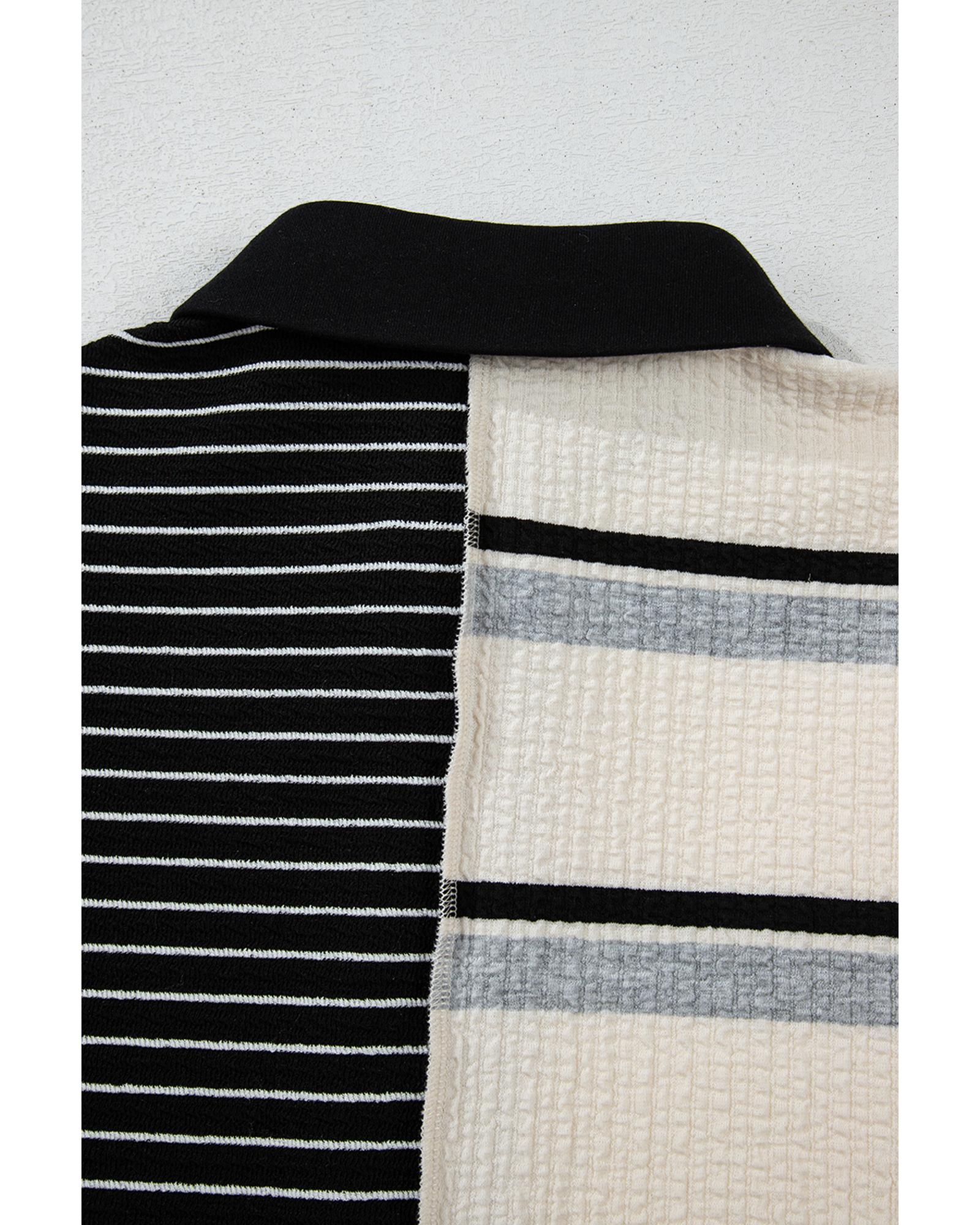 V539-AZEXDC6122577-P219-L-202508310655-00 Black Stripe Colorblock Knit Henley Collar Shift Long Sleeve Mini Dress - L - Image 1